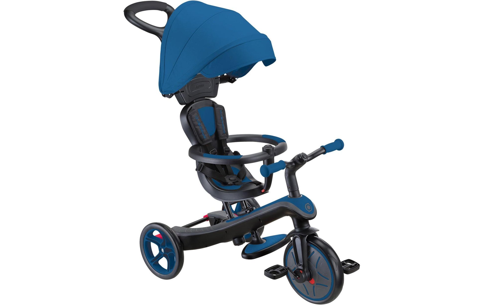 Globber Explorer 4 in 1 Dreirad – Verstellbarer Sitz, Schiebestange, Gurt – ab 10 Monaten – Blau