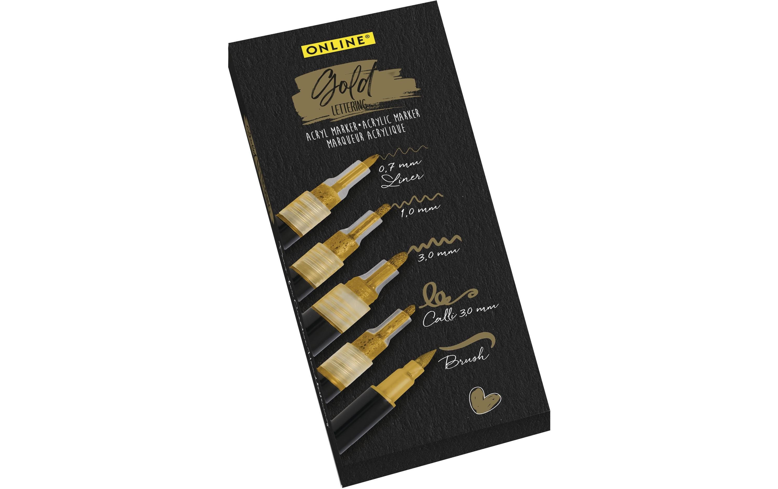 Online 18517 Kreativ-/Pigmentmarker – Gold, 5er Set, deckend, wasserfest – für viele Oberflächen