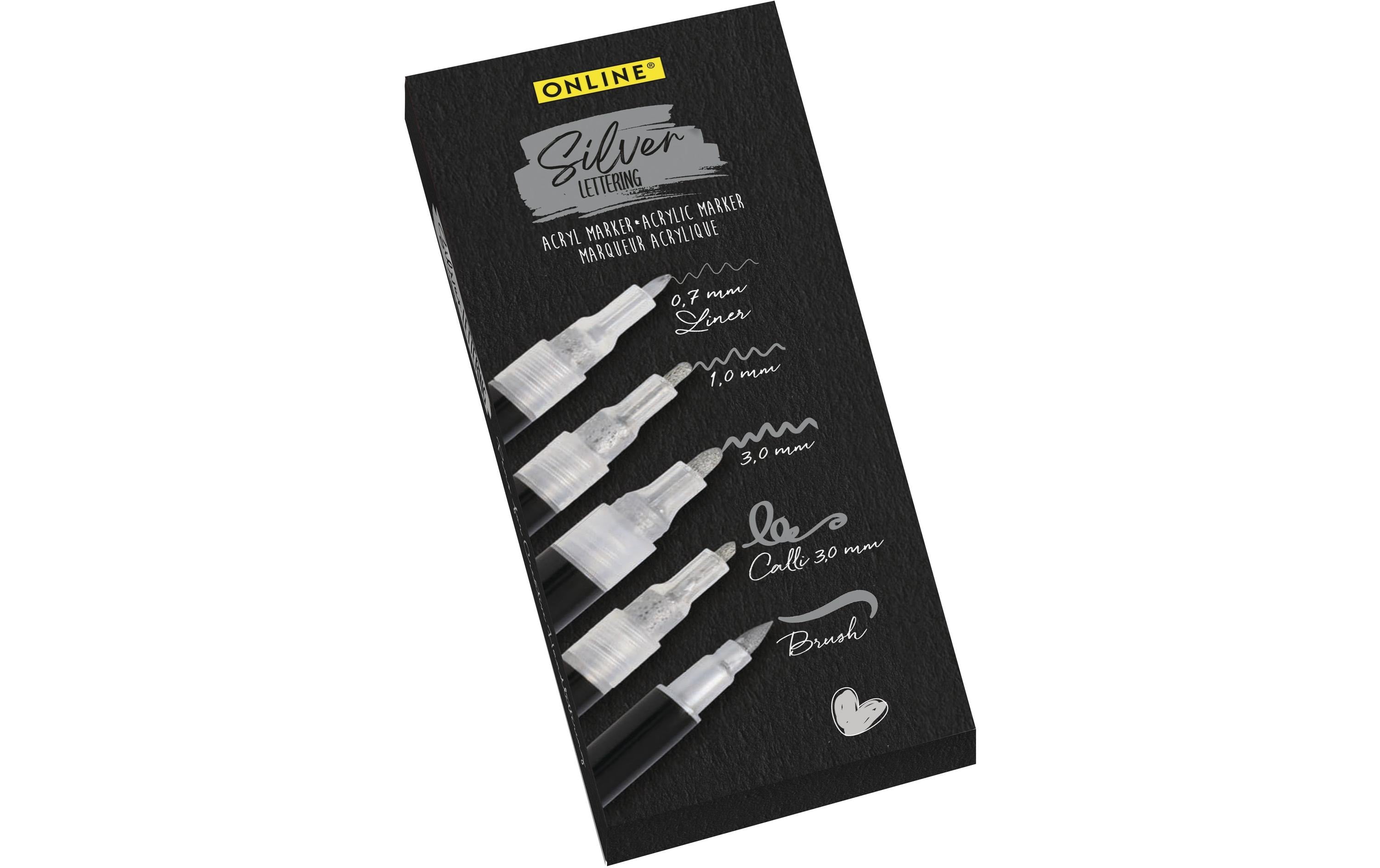 Online 18518 Kreativ-/Pigmentmarker – silber, 5 Stk., deckend, wasserfest – für viele Oberflächen