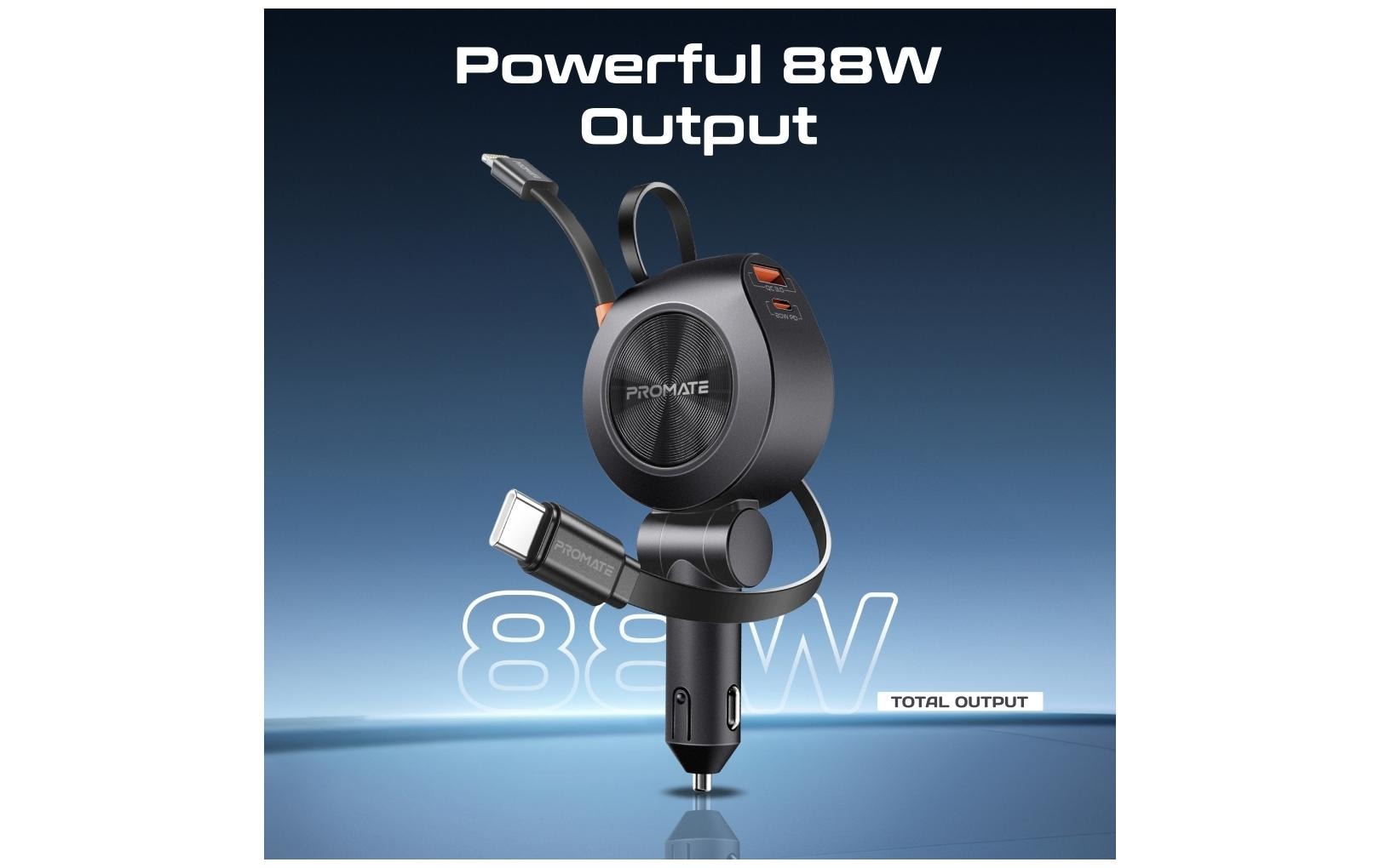 Promate Kfz-Ladegerät, 88 W, USB-C, USB-A, Lightning – universal – Schwarz