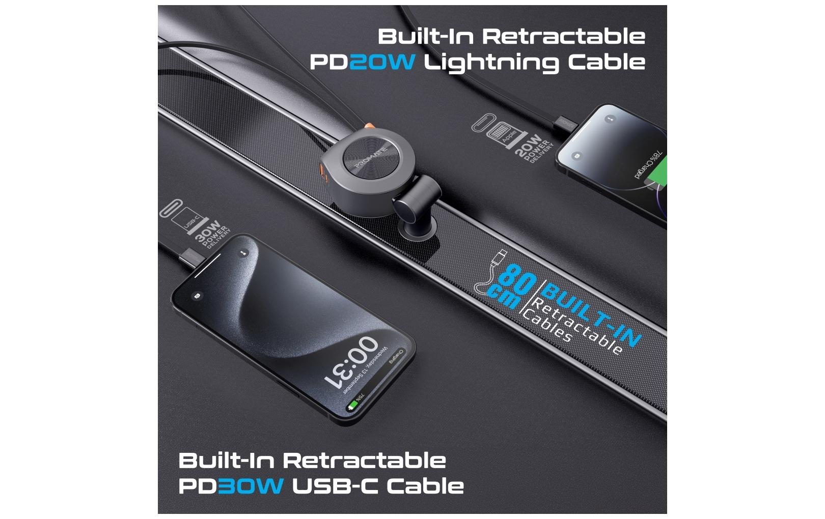 Promate Kfz-Ladegerät, 88 W, USB-C, USB-A, Lightning – universal – Schwarz