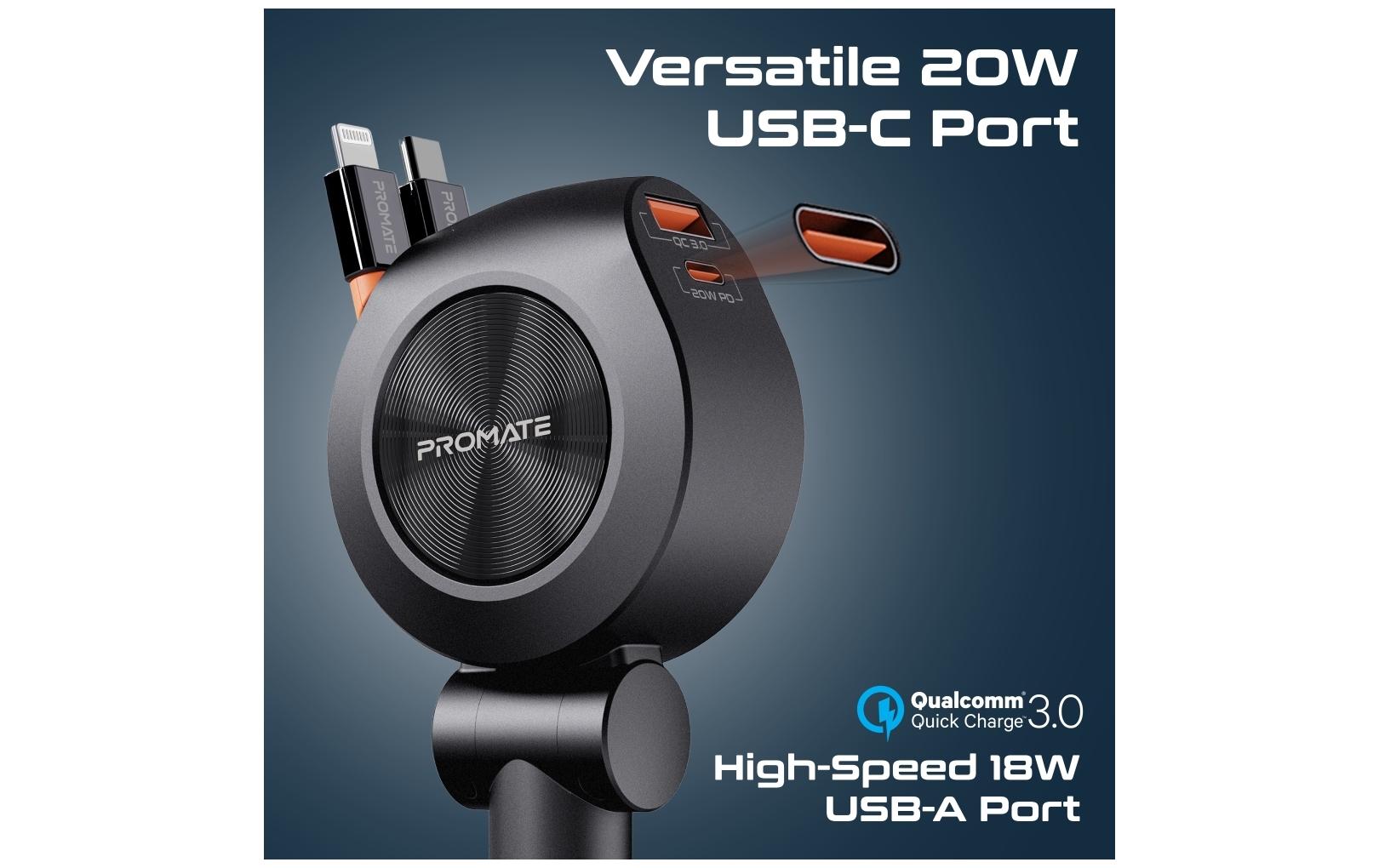 Promate Kfz-Ladegerät, 88 W, USB-C, USB-A, Lightning – universal – Schwarz