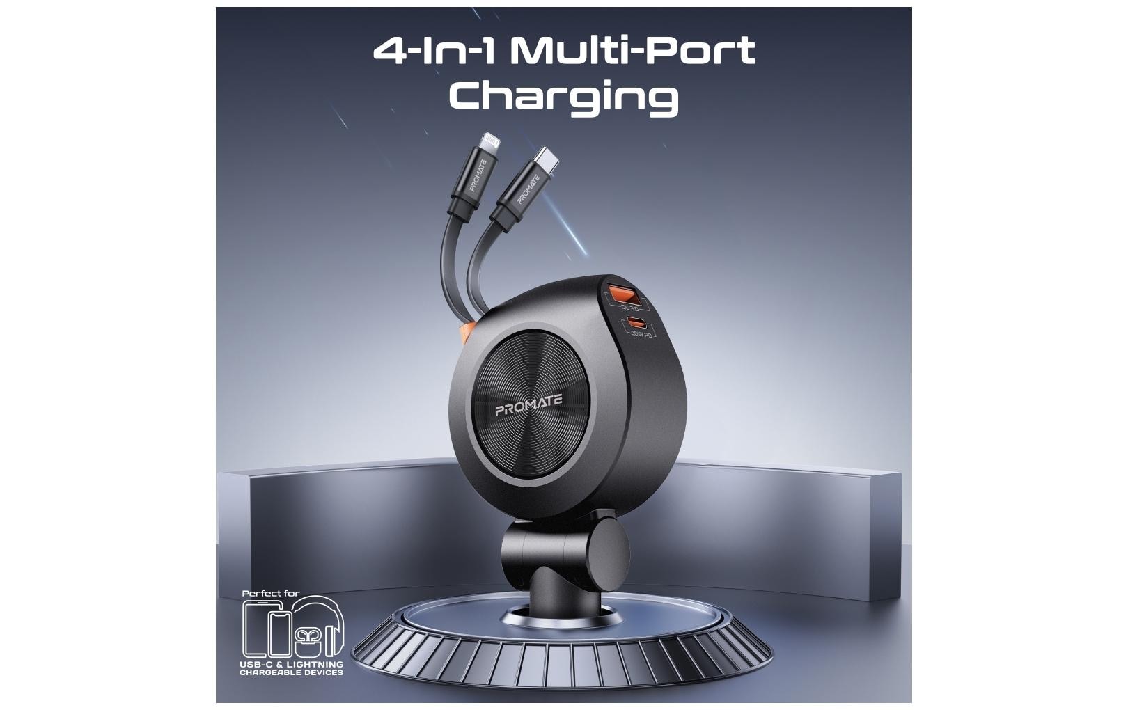 Promate Kfz-Ladegerät, 88 W, USB-C, USB-A, Lightning – universal – Schwarz