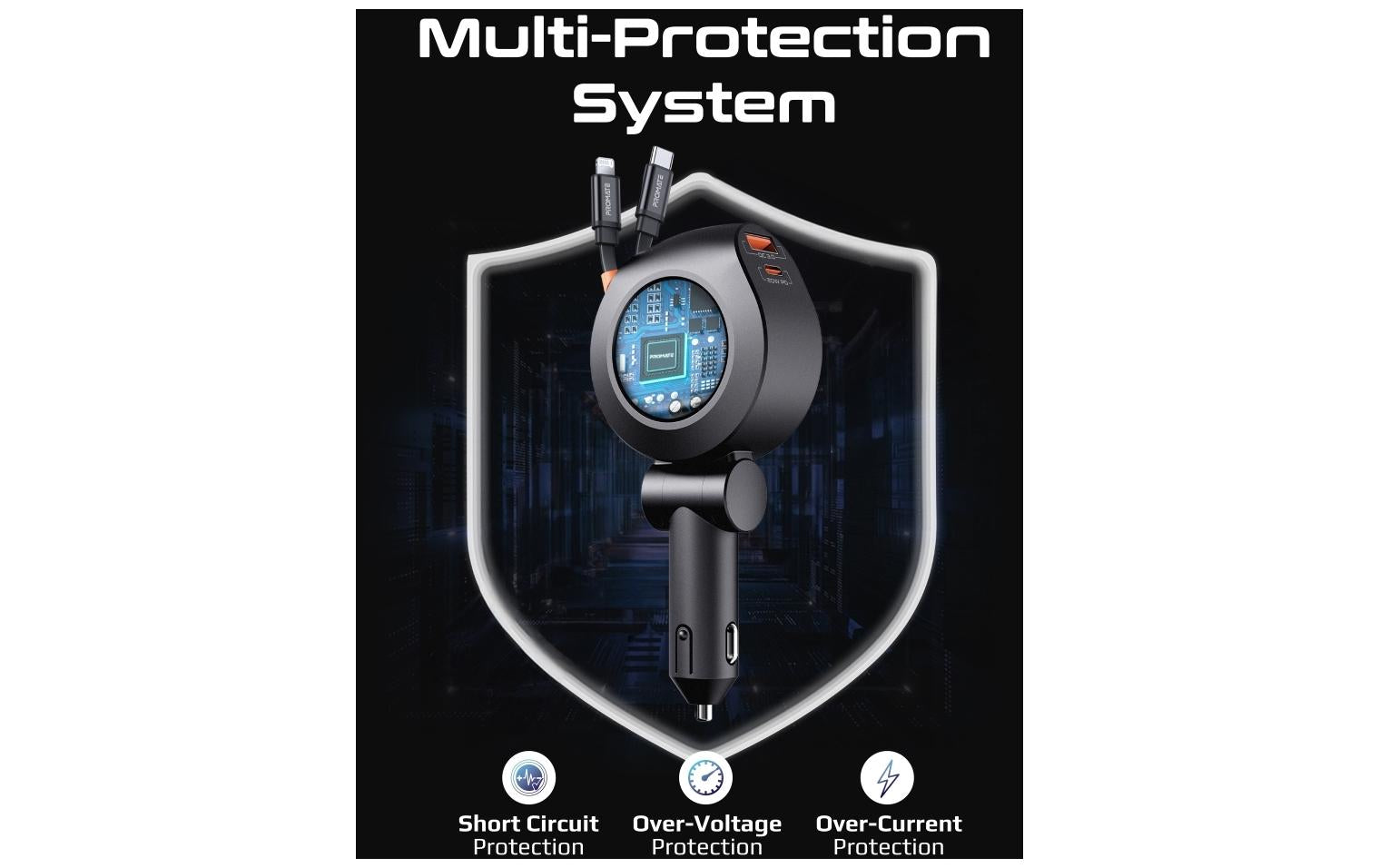Promate Kfz-Ladegerät, 88 W, USB-C, USB-A, Lightning – universal – Schwarz