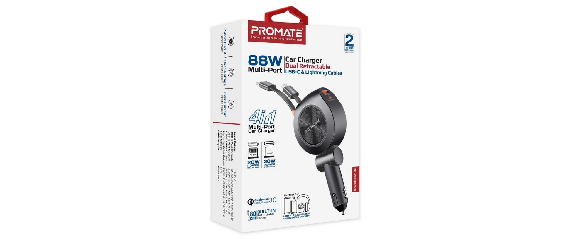 Promate Kfz-Ladegerät, 88 W, USB-C, USB-A, Lightning – universal – Schwarz