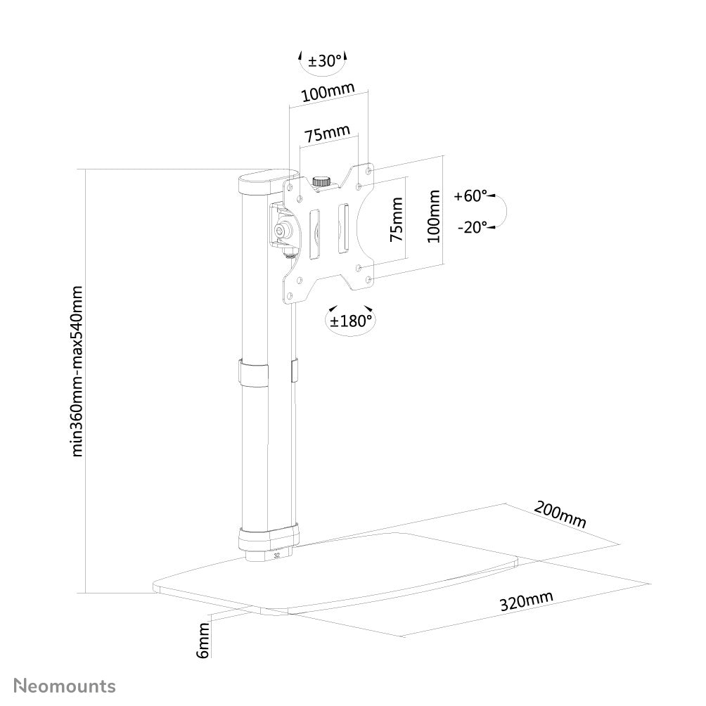 Neomounts Tischhalterung, bis 30", VESA 75 × 75/100 × 100 mm, 6 kg, höhenverstellbar, neigbar, weiss