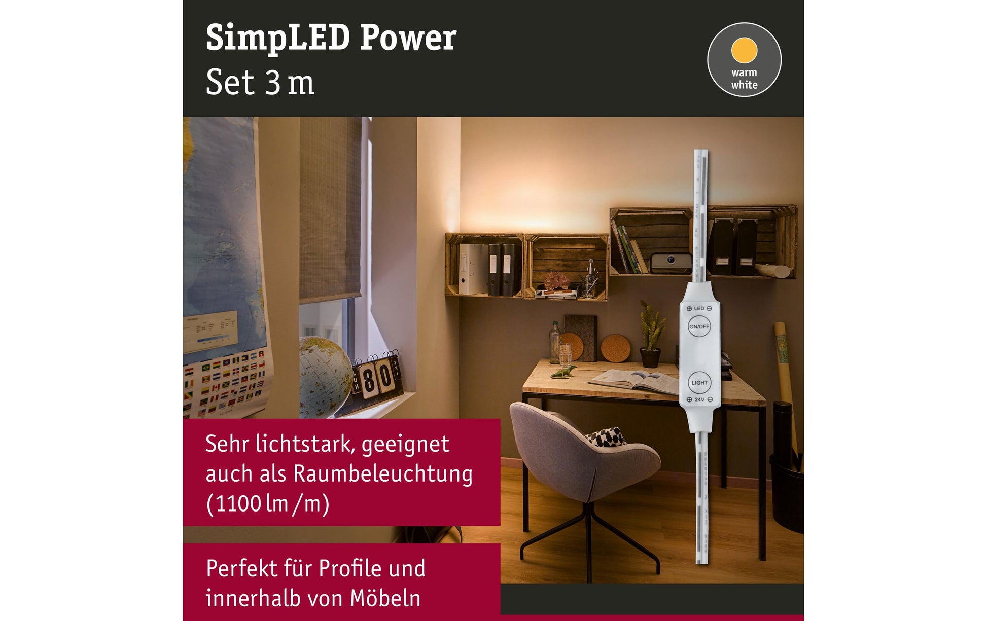Paulmann LED-Strip – 3 m, 3300 lm, 33 W, 3000 K, dimmbar, weiss, inkl. Netzteil