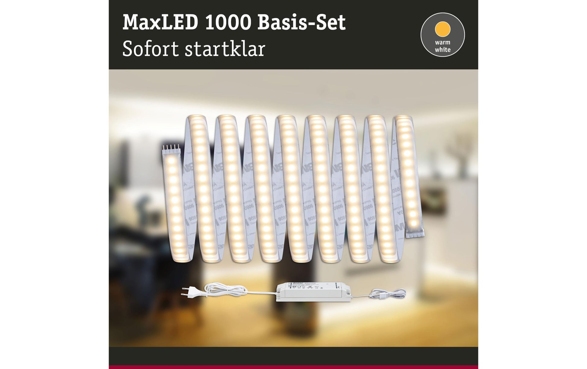Paulmann LED-Strip MaxLED 1000 – Starterset, 3 m, 3300 lm, 40 W, 2700 K, dimmbar, weiss, inkl. Netzteil