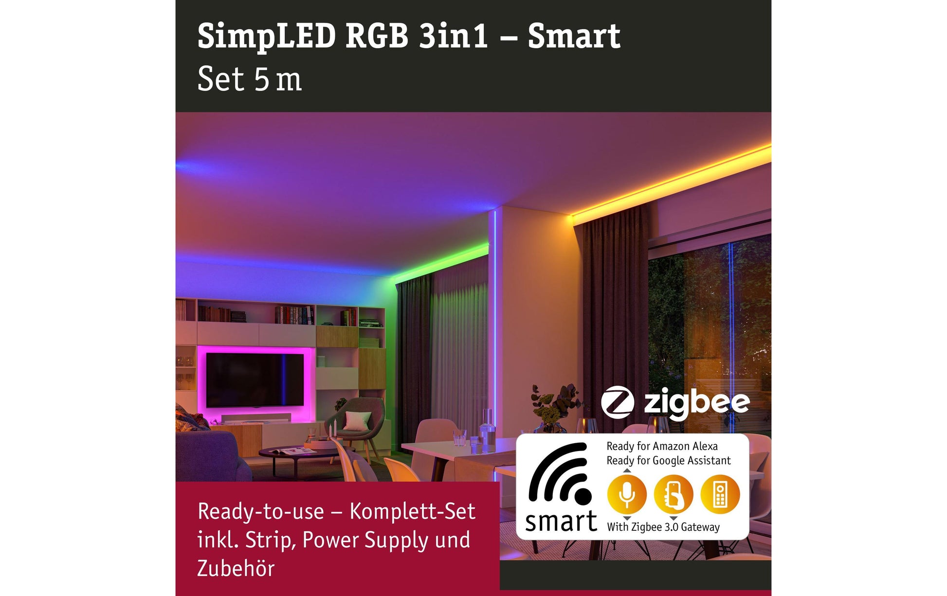 Paulmann LED-Strip SimpLED – Komplettset, 5 m, 450 lm, 20 W, RGB, dimmbar, ZigBee 3.0, weiss, Fernbedienung