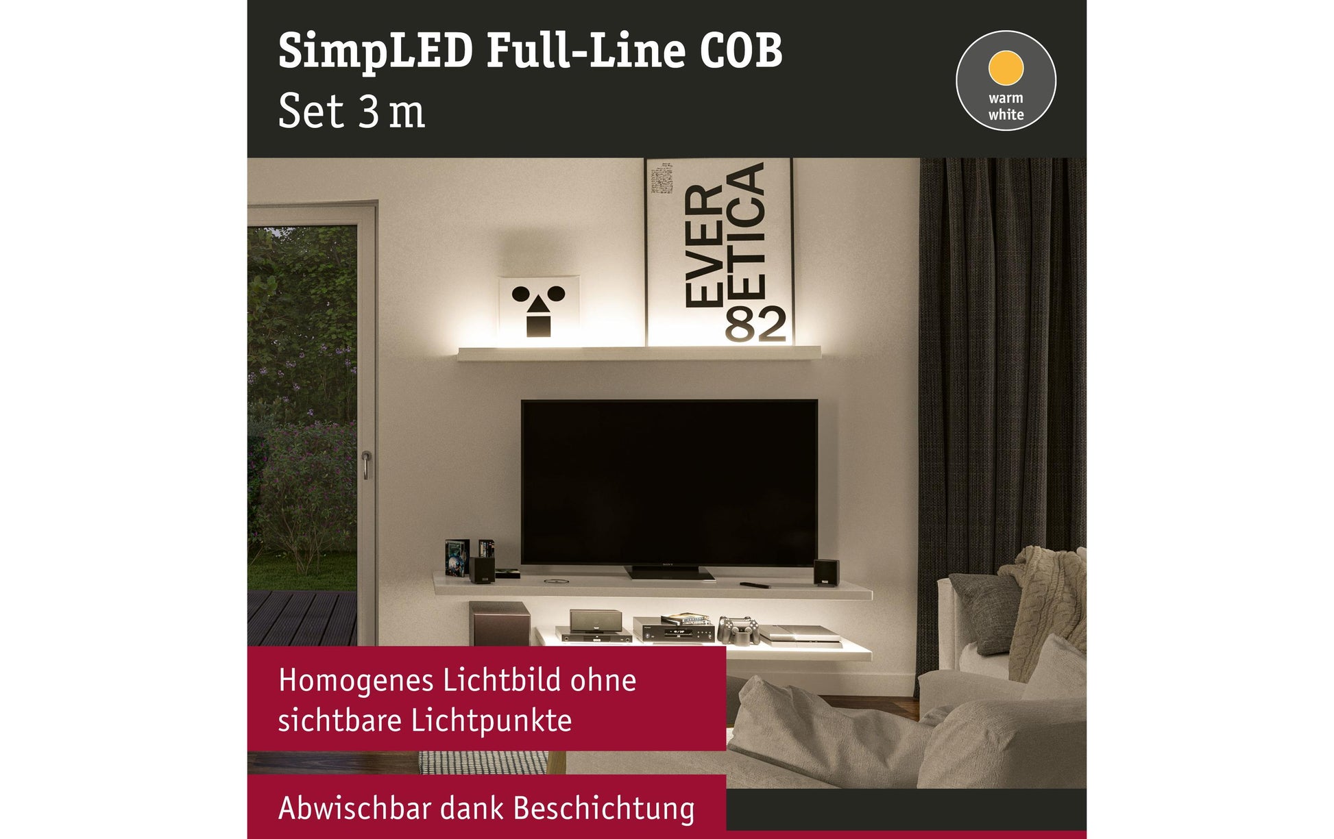 Paulmann LED-Strip SimpLED COB Strip – Set, 3 m, 1500 lm, 11 W, 3000 K, weiss, inkl. Netzteil