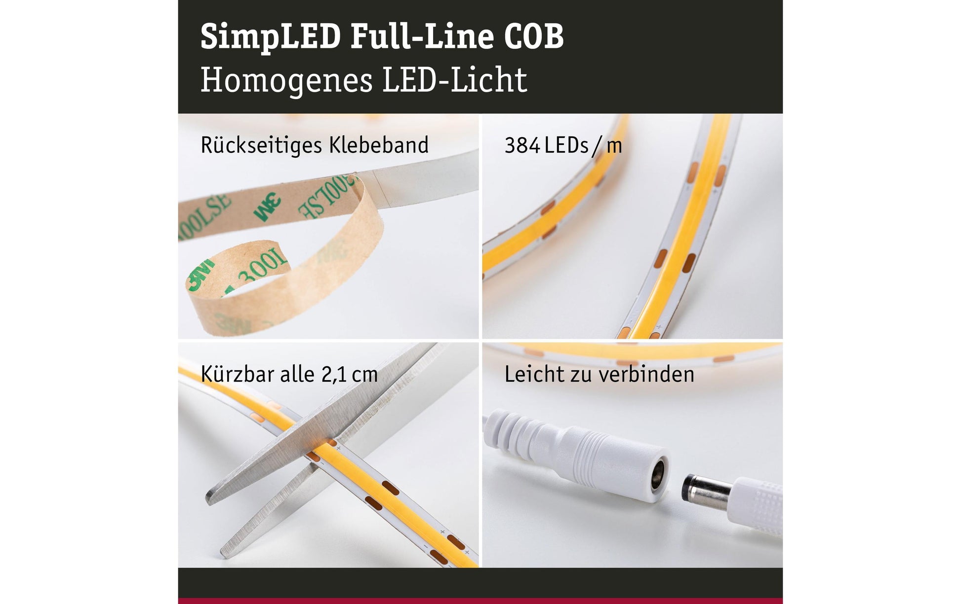 Paulmann LED-Strip SimpLED COB Strip – Set, 3 m, 1500 lm, 11 W, 3000 K, weiss, inkl. Netzteil
