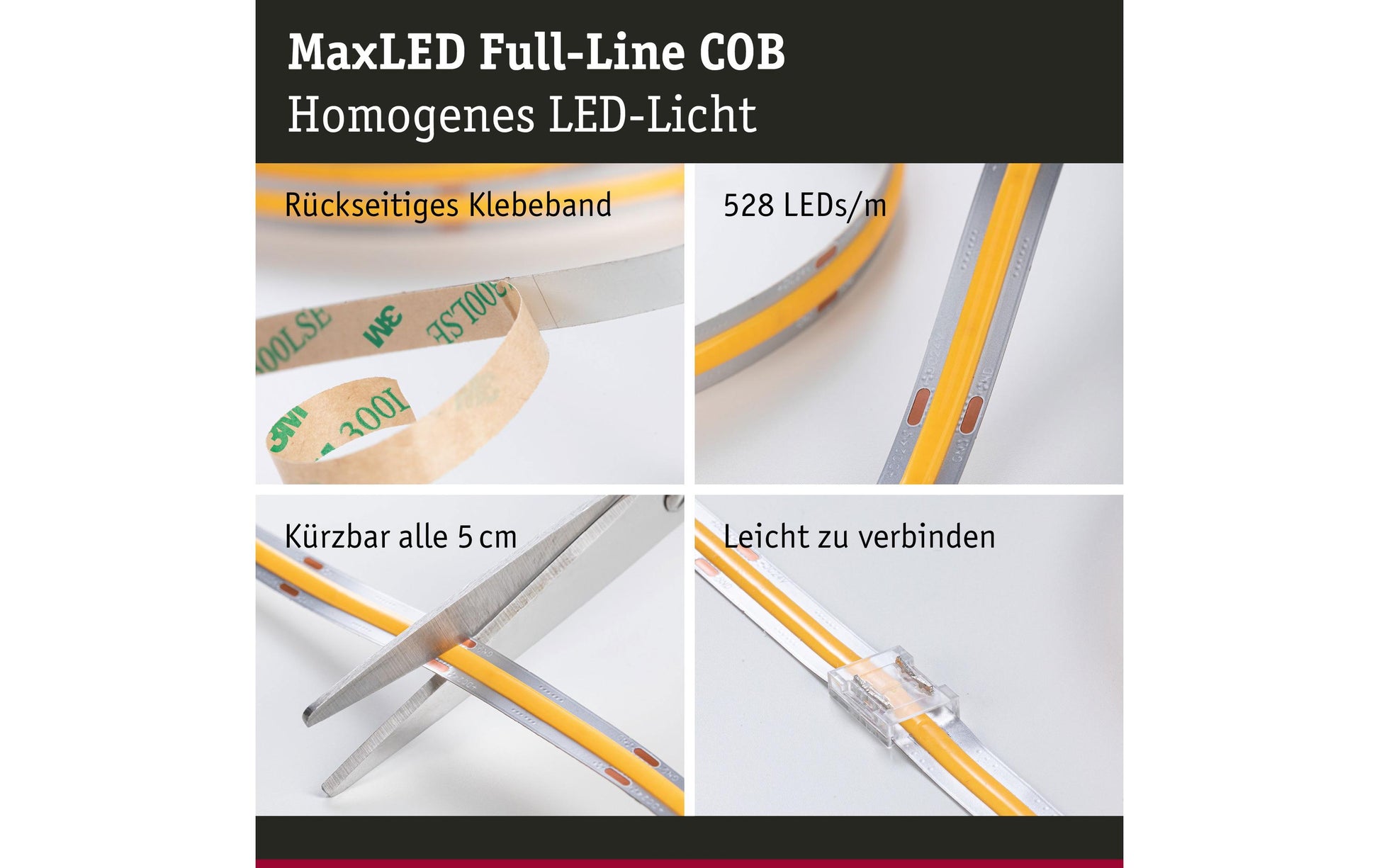 Paulmann LED-Strip MaxLED 500 COB – 2,5 m, 1250 lm, 15 W, 2700 K, dimmbar, silber, inkl. Netzteil
