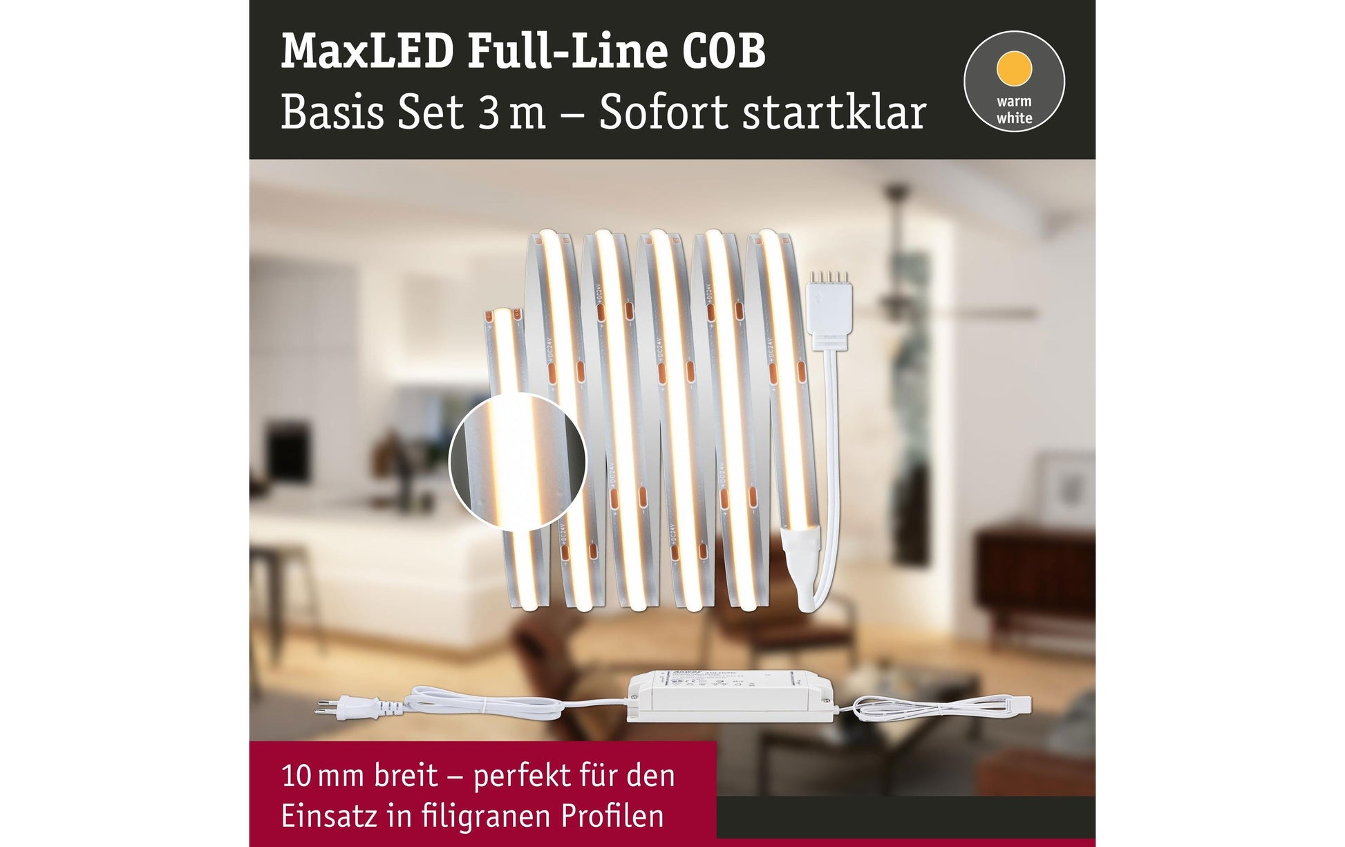 Paulmann LED-Strip MaxLED 1000 BasisSet COB – 1,5 m, 1620 lm, 18 W, 2700 K, dimmbar, silber