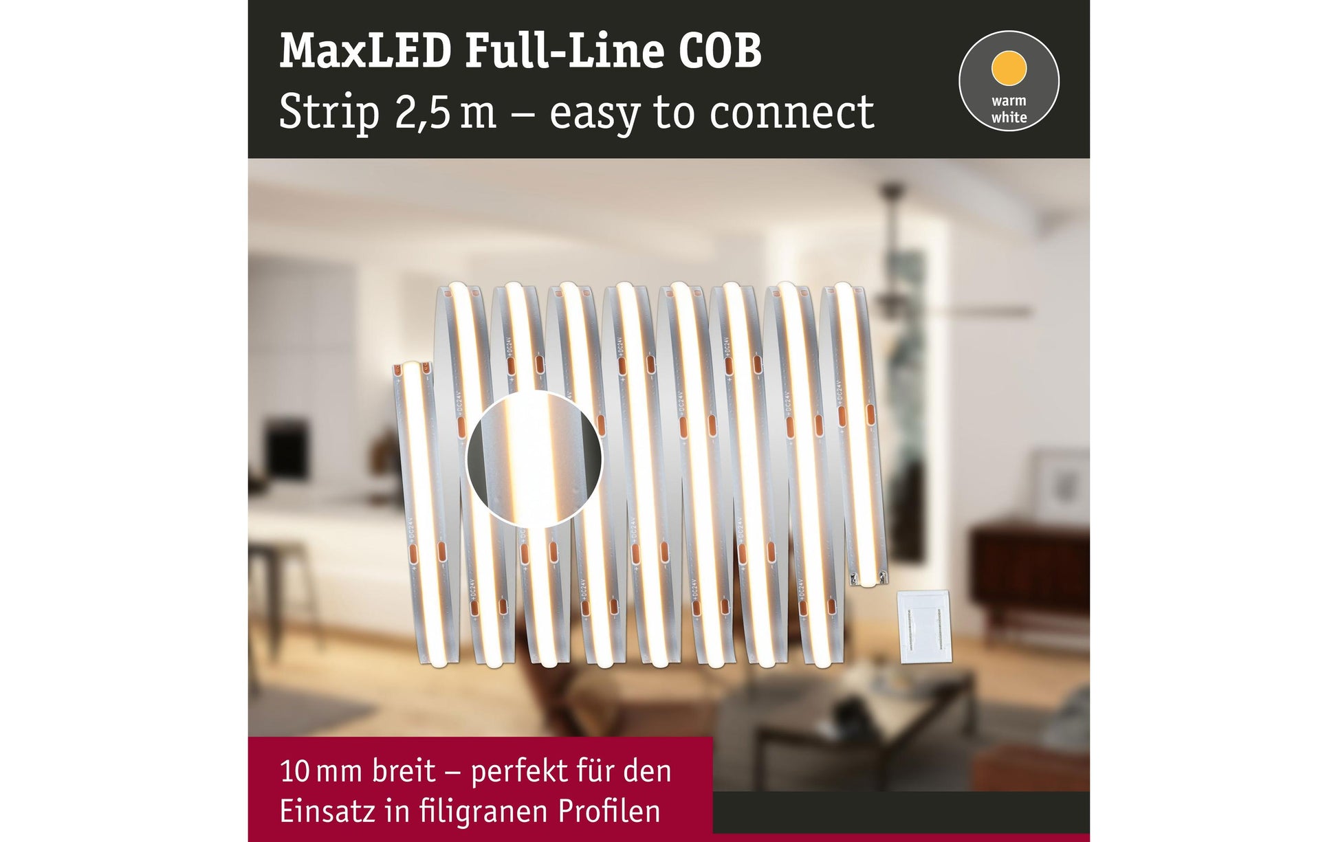 Paulmann LED-Strip MaxLED 500 COB – 2,5 m, 1250 lm, 15 W, 2700 K, dimmbar, silber, inkl. Netzteil