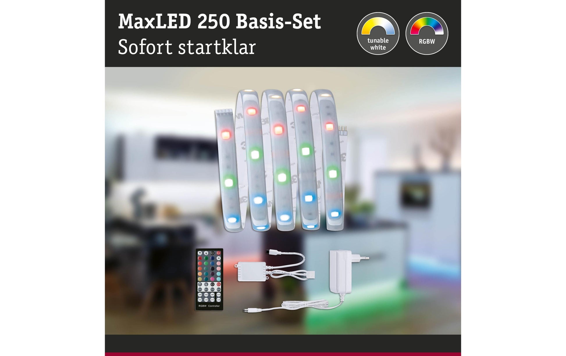 Paulmann LED-Strip MaxLED 250 – Basisset, 1,5 m, 405 lm, 10 W, RGBW, dimmbar, IP44, weiss, inkl. Netzteil