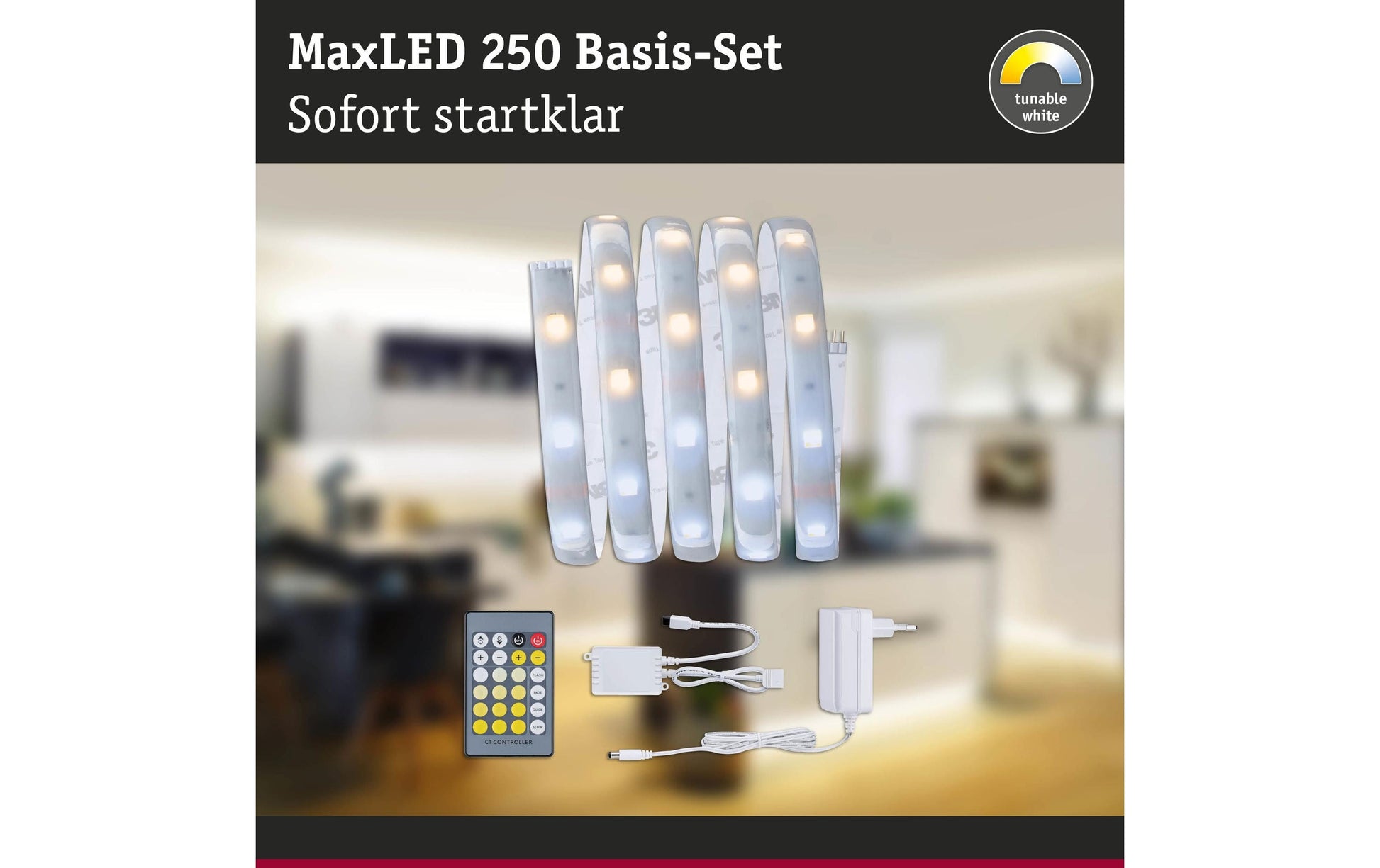 Paulmann LED-Strip MaxLED 250 – Basisset, 1,5 m, 405 lm, 5,5 W, 2700–6500 K, dimmbar, IP44, weiss, inkl. Fernbedienung