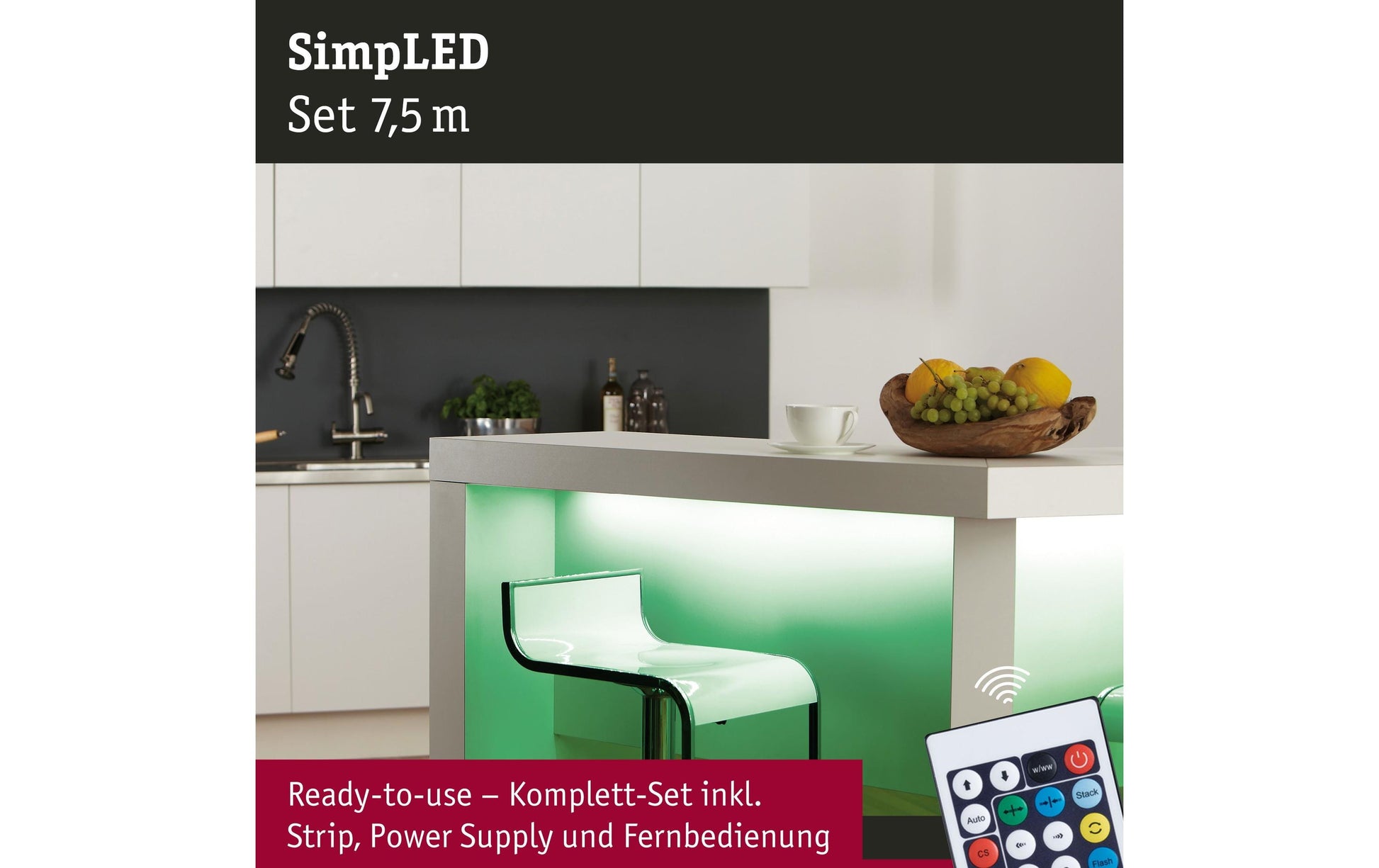 Paulmann LED-Strip SimpLED – 7,5 m, 760 lm, 26 W, RGB, dimmbar, mit Fernbedienung, weiss