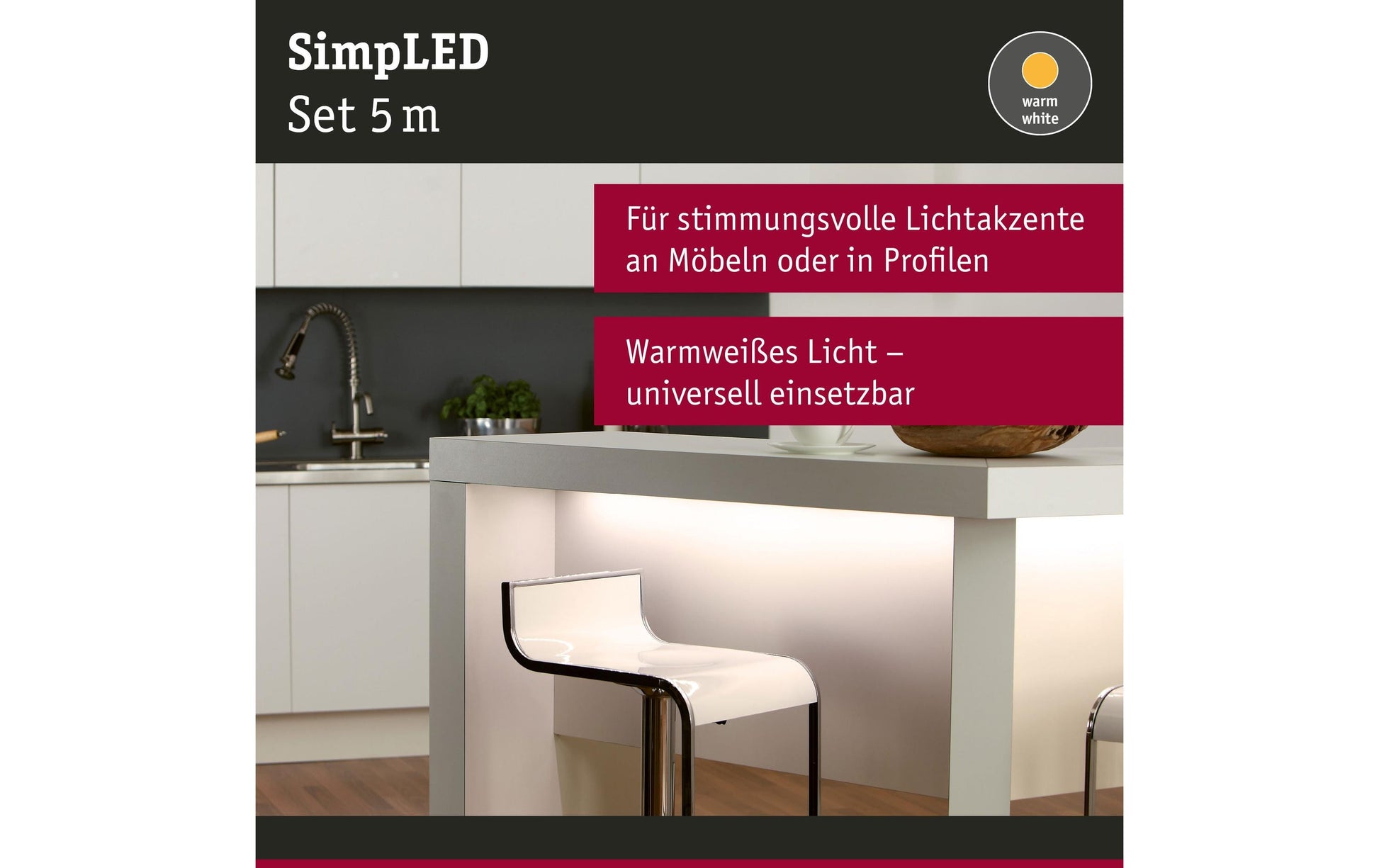 Paulmann LED-Strip SimpLED – 5 m, 1500 lm, 11 W, 3000 K, weiss, mit Netzteil