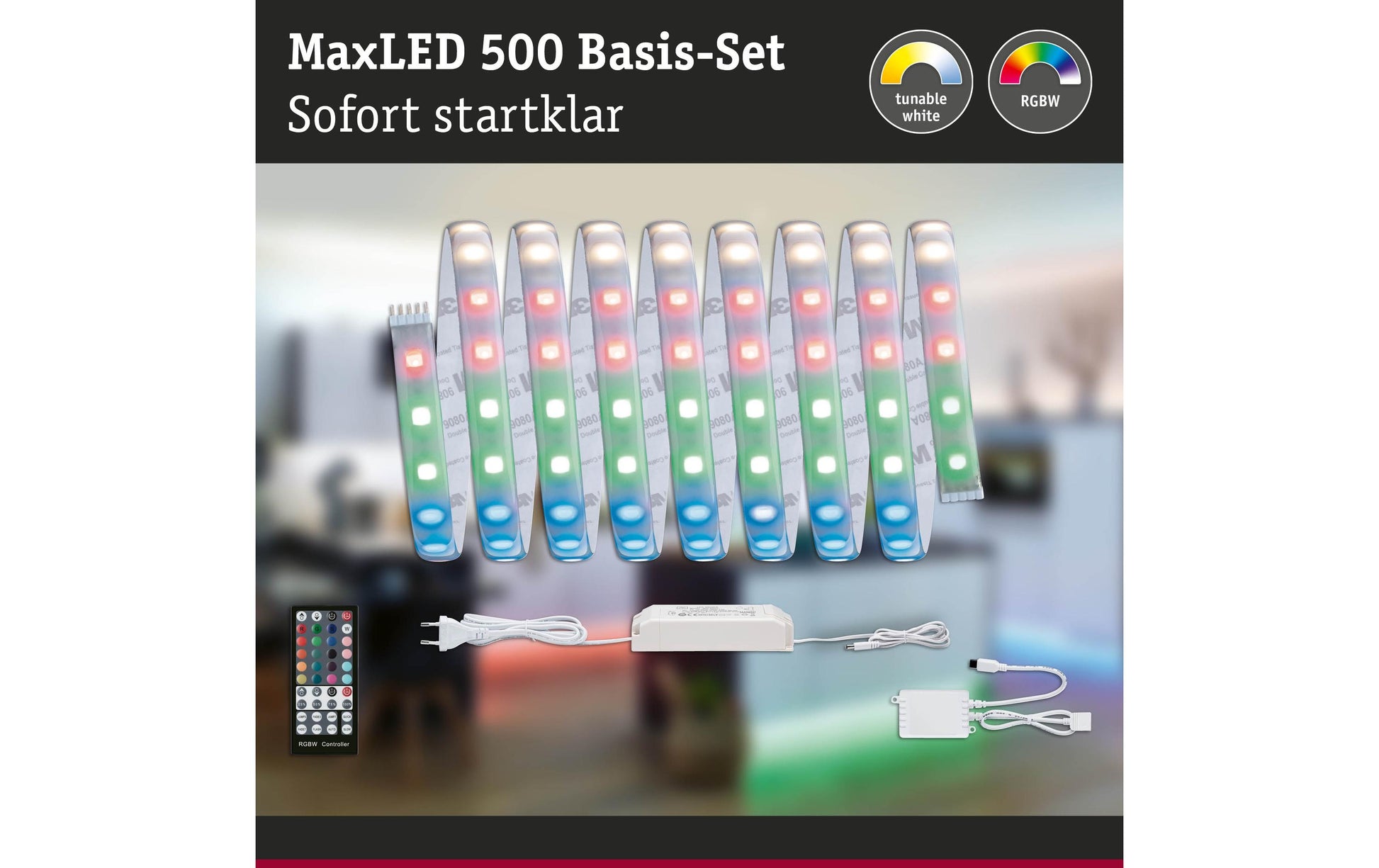 Paulmann LED-Strip MaxLED – Set, 3 m, 1260 lm, 36 W, RGBW, 2700 K, dimmbar, weiss, Netzteil, Fernbedienung