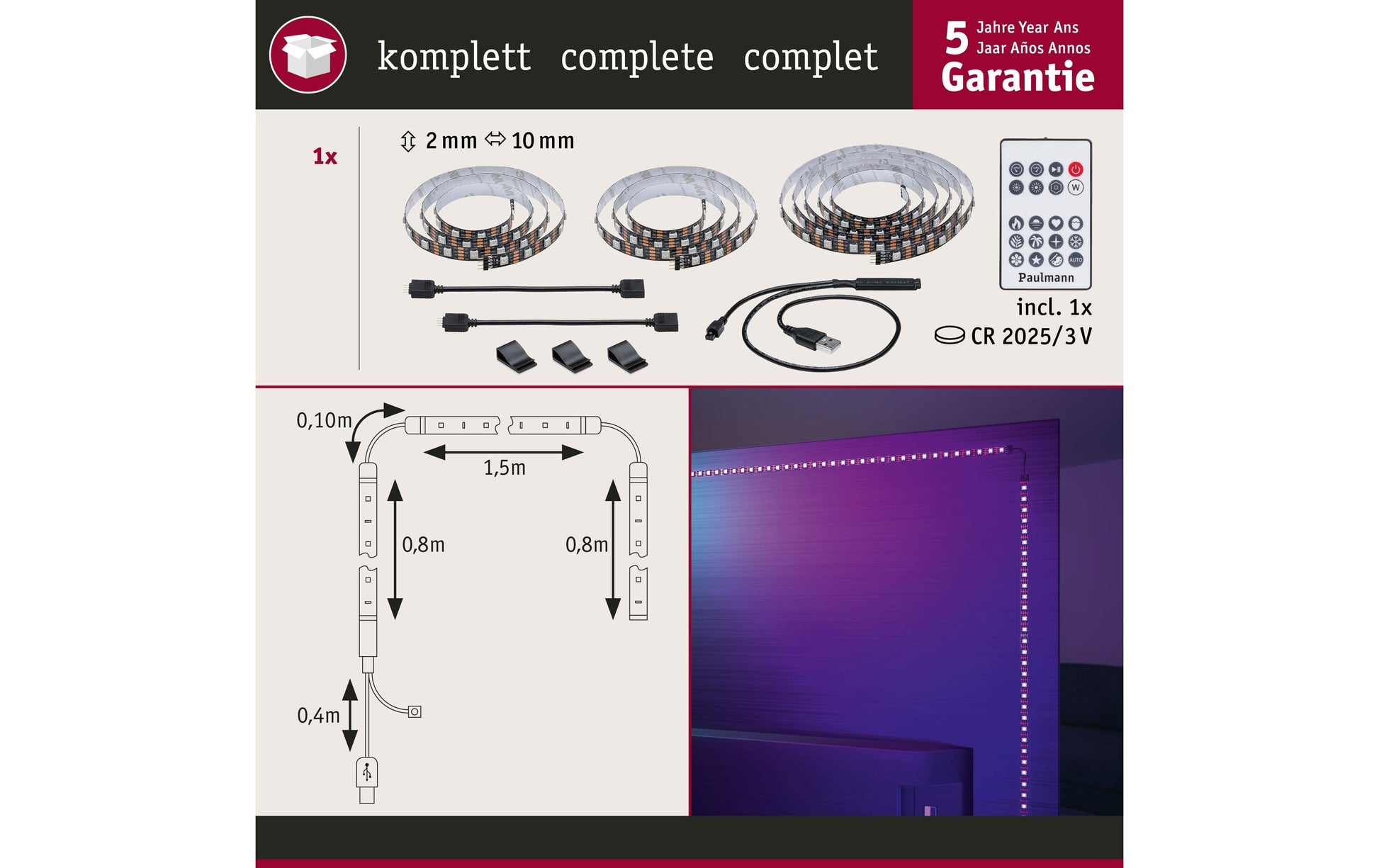 Paulmann EntertainLED TV-Backlight-Set – RGB, USB-betrieben, dimmbar – für 75" TVs – Schwarz
