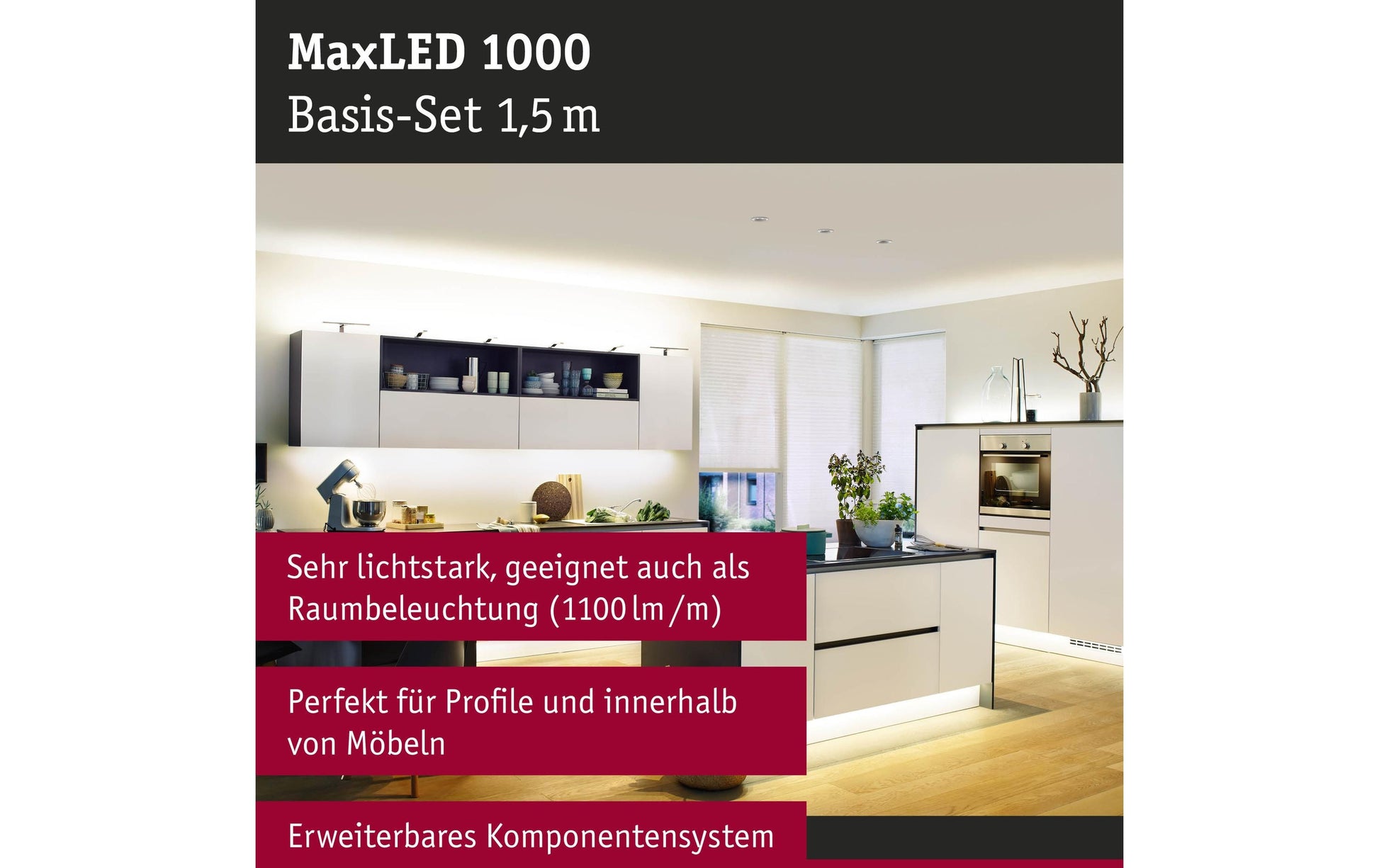 Paulmann LED-Strip MaxLED 1000 – Set, 1,5 m, 1650 lm, 20 W, 2700 K, dimmbar, weiss, inkl. Netzteil