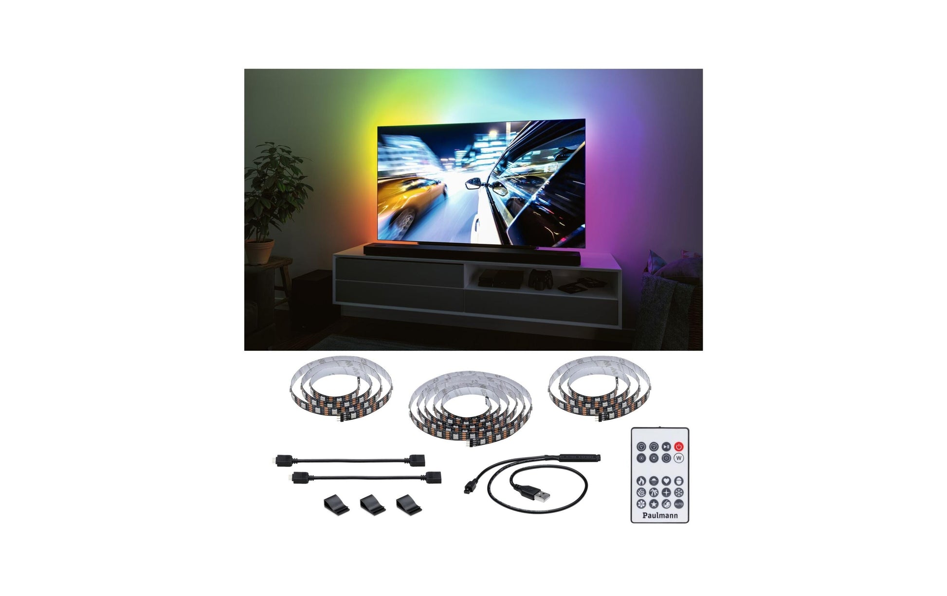 Paulmann EntertainLED TV-Backlight-Set – RGB, USB-betrieben, dimmbar – für 75" TVs – Schwarz