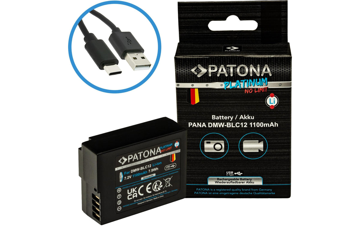 PATONA DMW-BLC12 Akku – 1100 mAh (7,2 V), Li-Ion – mit USB-C – für Panasonic FZ2000, FZ1000, FZ300 und andere