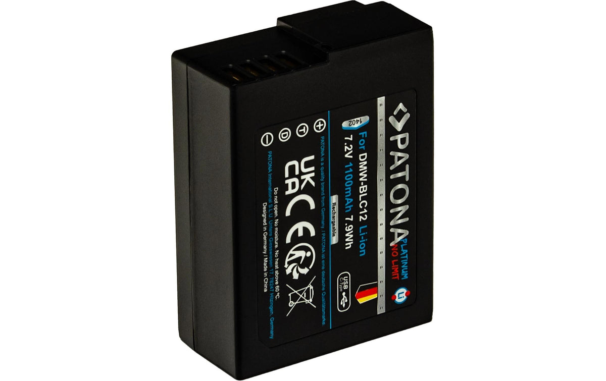 PATONA DMW-BLC12 Akku – 1100 mAh (7,2 V), Li-Ion – mit USB-C – für Panasonic FZ2000, FZ1000, FZ300 und andere