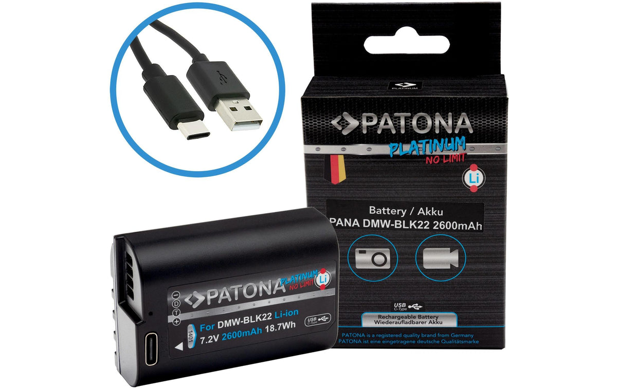 PATONA Platinum Akku DMW-BLK22 – 2600 mAh, 7,2 V, USB-C-Eingang – für Panasonic S5, G9, GH5 und andere – Schwarz