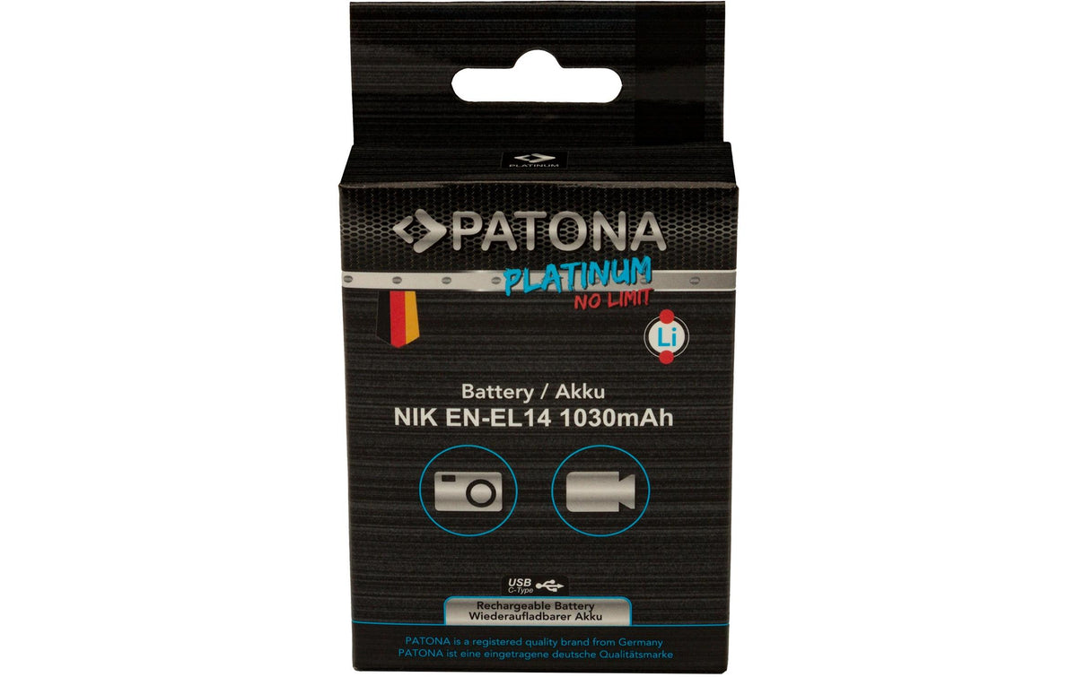 PATONA Platinum Akku – 1030 mAh, 7,4 V, Li-Ion, mit USB-C – für Nikon EN-EL14, D3100, D5100 und andere