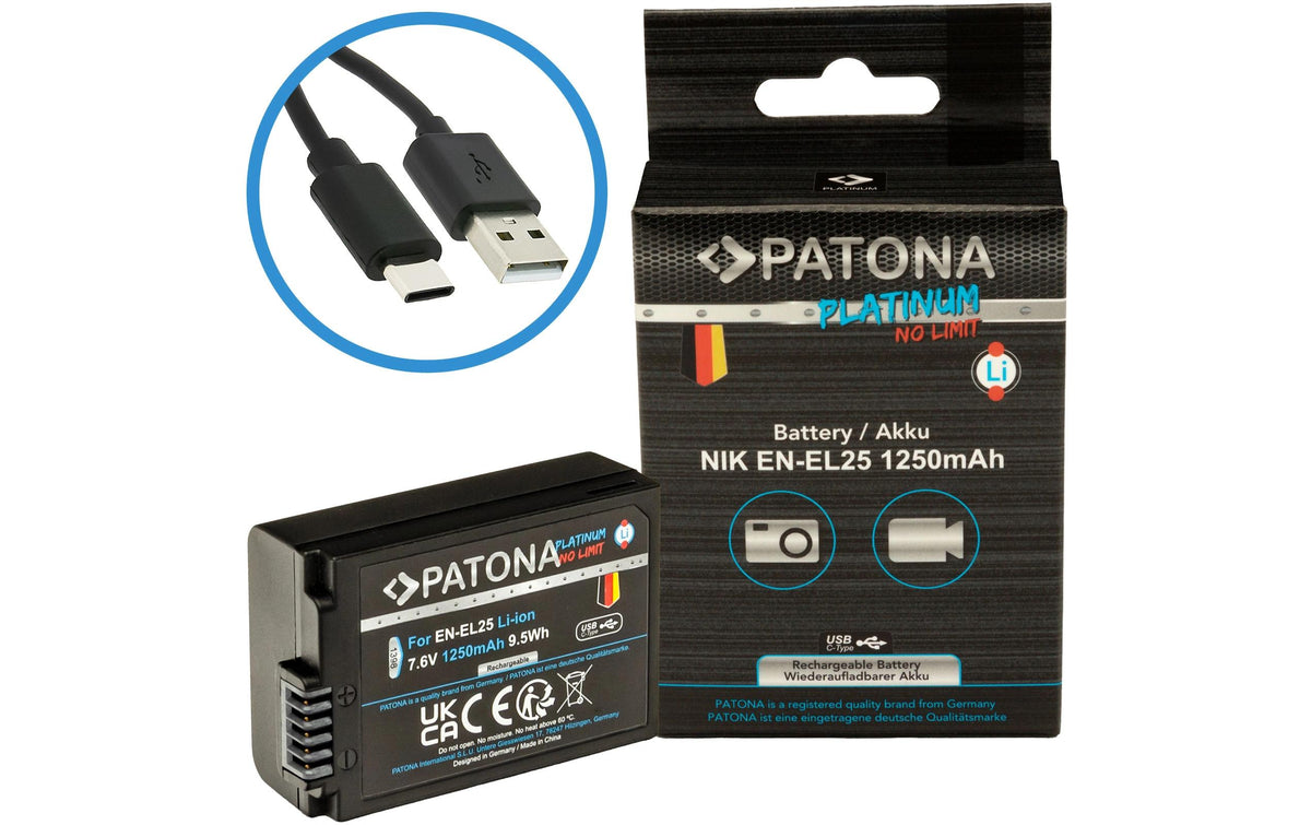 PATONA Platinum Akku – 1250 mAh, 7,6 V, USB-C – für Nikon EN-EL25, Zfc, Z50 und andere