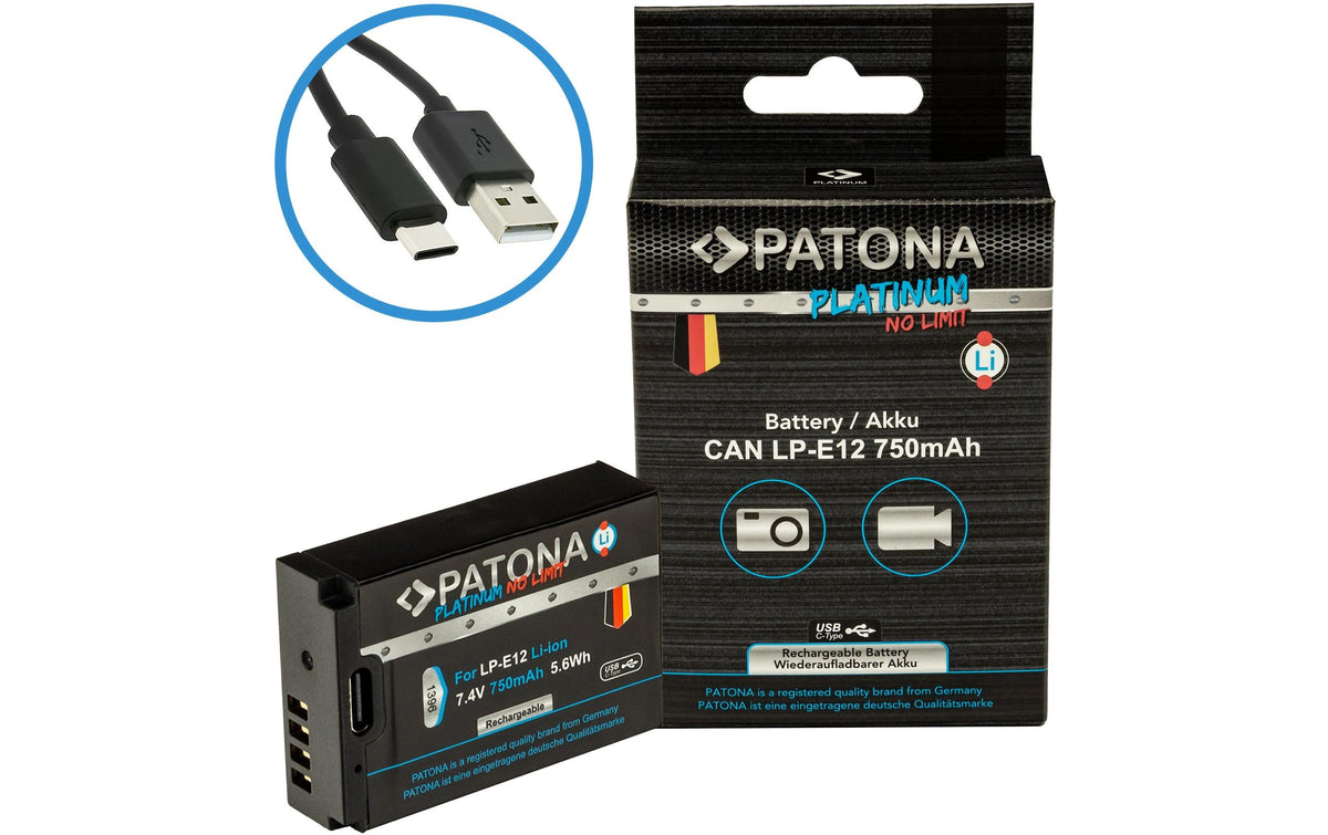 PATONA Platinum Akku LP-E12 – 750 mAh, 7,4 V, USB-C – für Canon LP-E12, EOS 100D, EOS M50 und andere