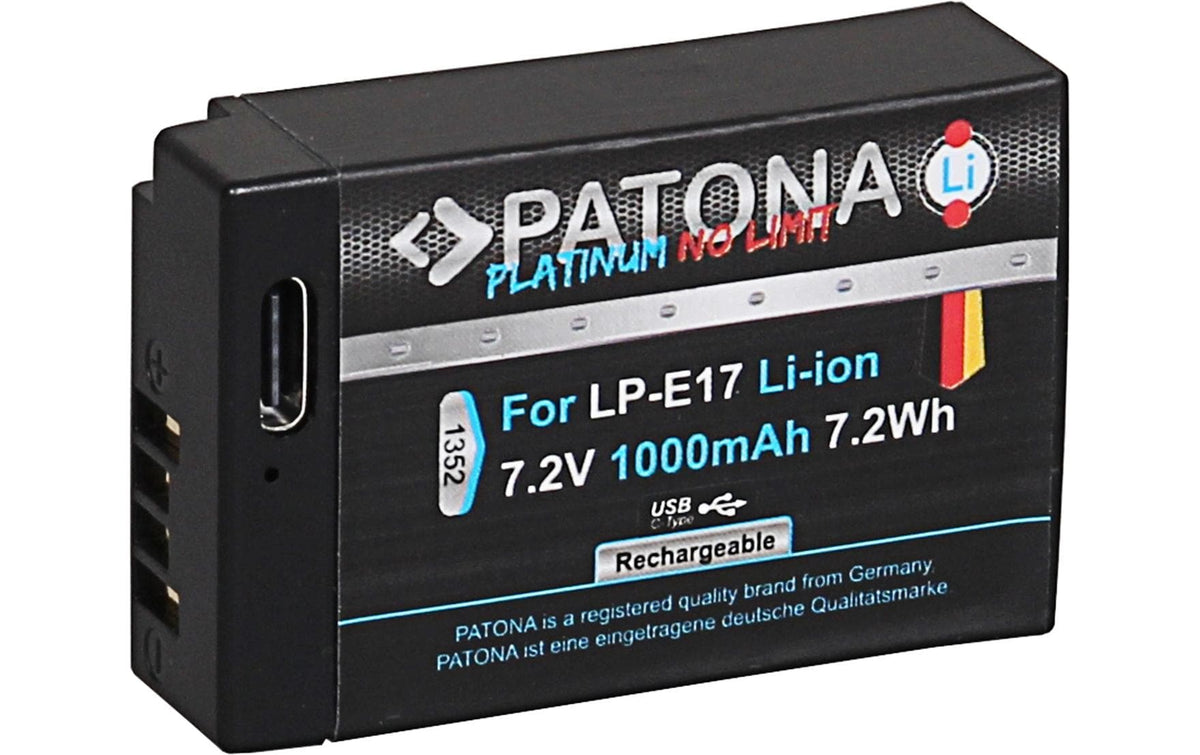 PATONA Platinum Akku LP-E17 1000 mAh 7,2 V – mit USB-C – für Canon EOS RP, 77D, 200D und andere – Schwarz