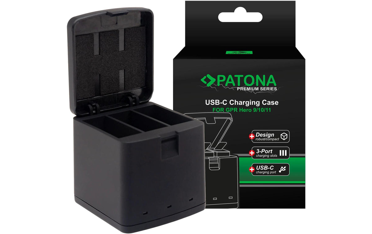 PATONA Ladebox 1795 – 3-fach, USB, schwarz – für GoPro AHDBT901, ADBAT001, ADDBD-211