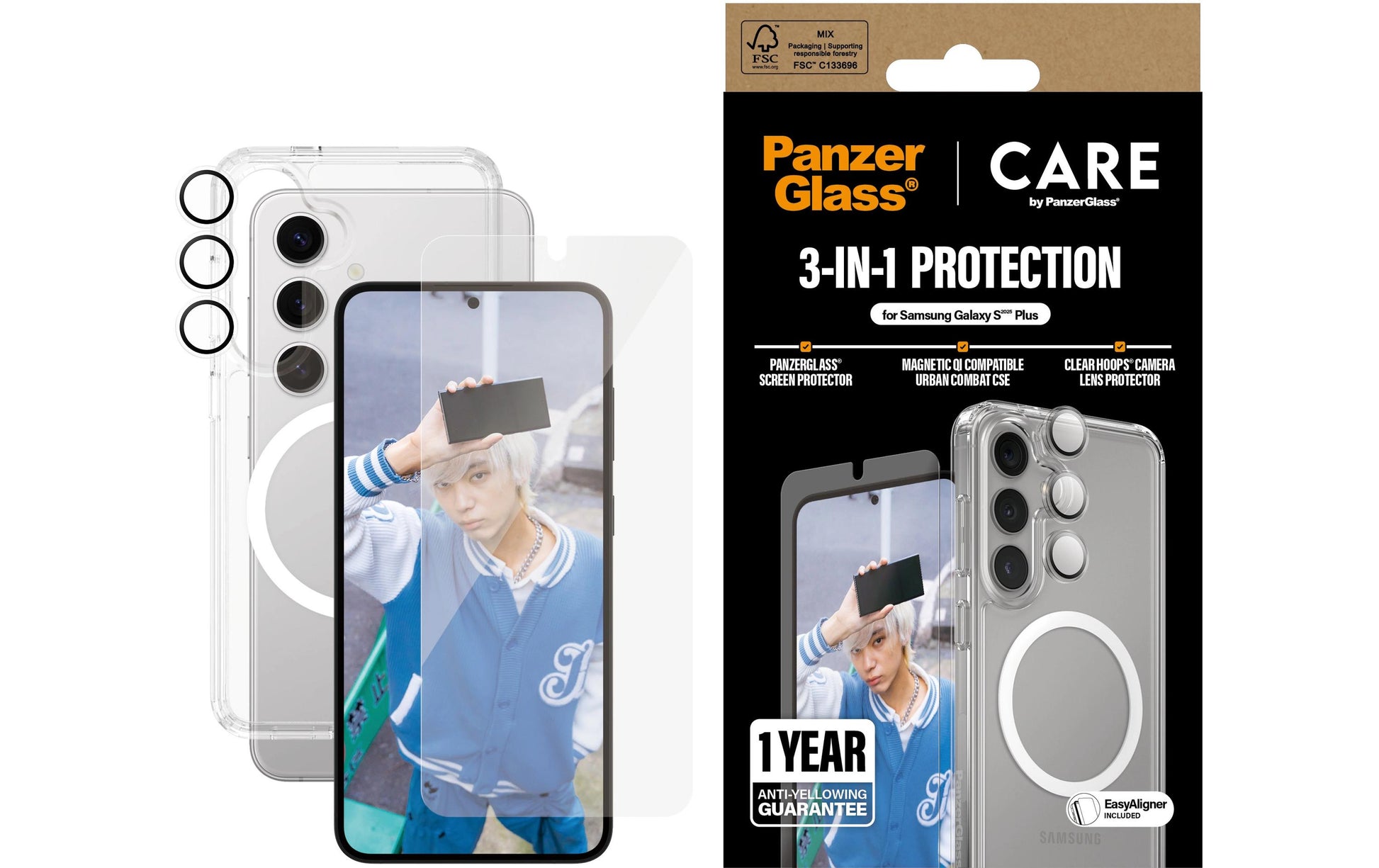 PanzerGlass CARE 3-in-1 Set – für Samsung Galaxy S25+ – transparent – Gehärtetes Glas