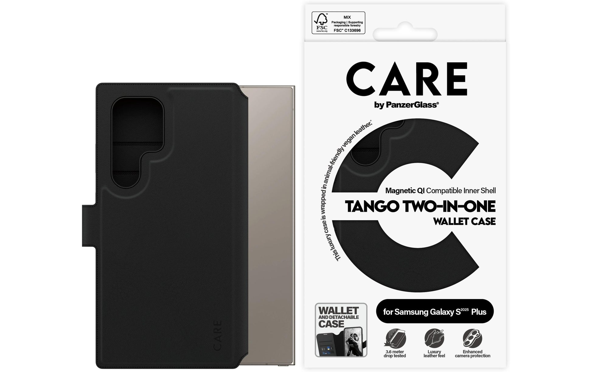 PanzerGlass CARE Tango Wallethülle – für Samsung Galaxy S25 Ultra, Kunstleder, Schwarz, bis 2,4 m sturzsicher