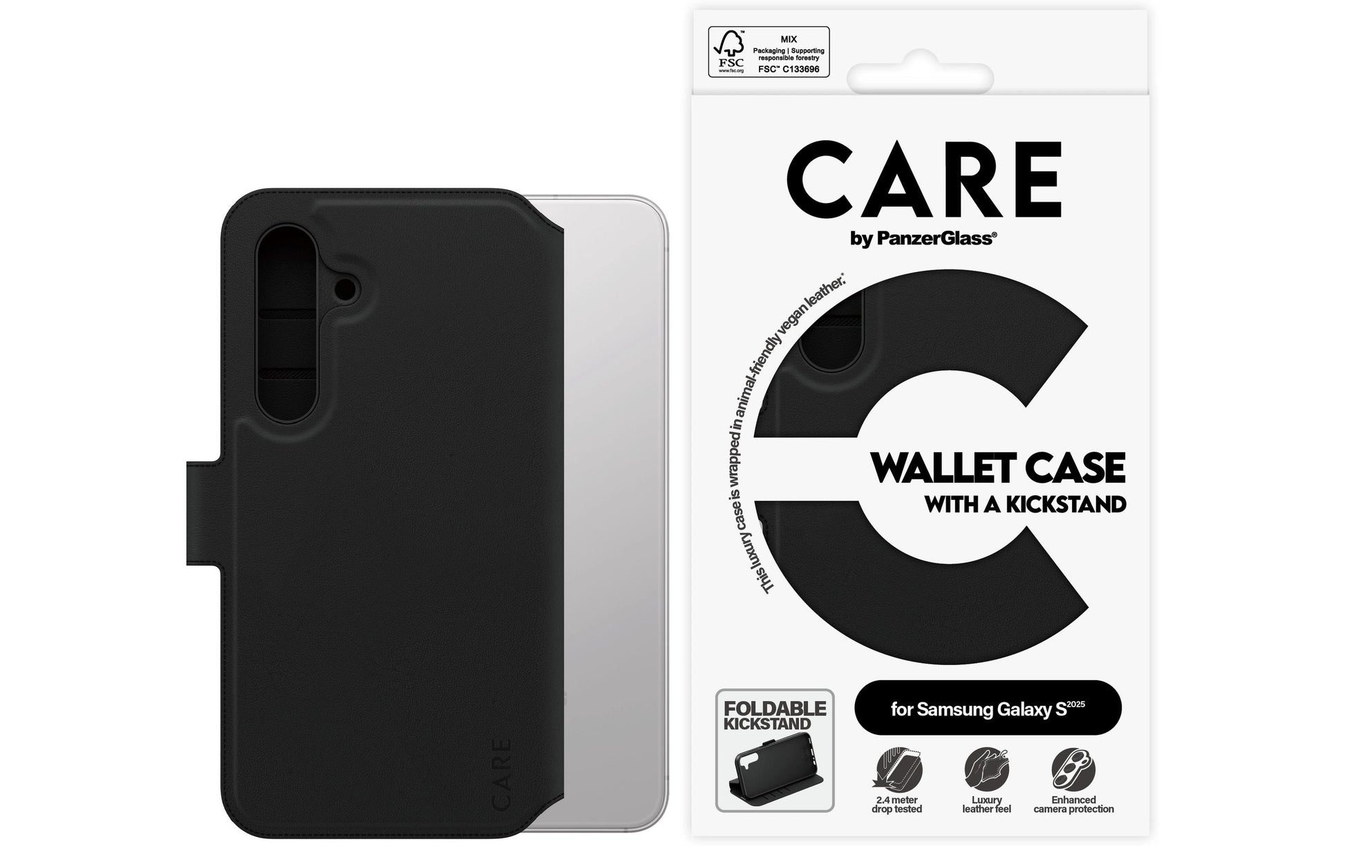 PanzerGlass CARE Backcover – für Samsung Galaxy S25, mit Ständer, Kunststoff, Schwarz, bis 2,4 m sturzsicher