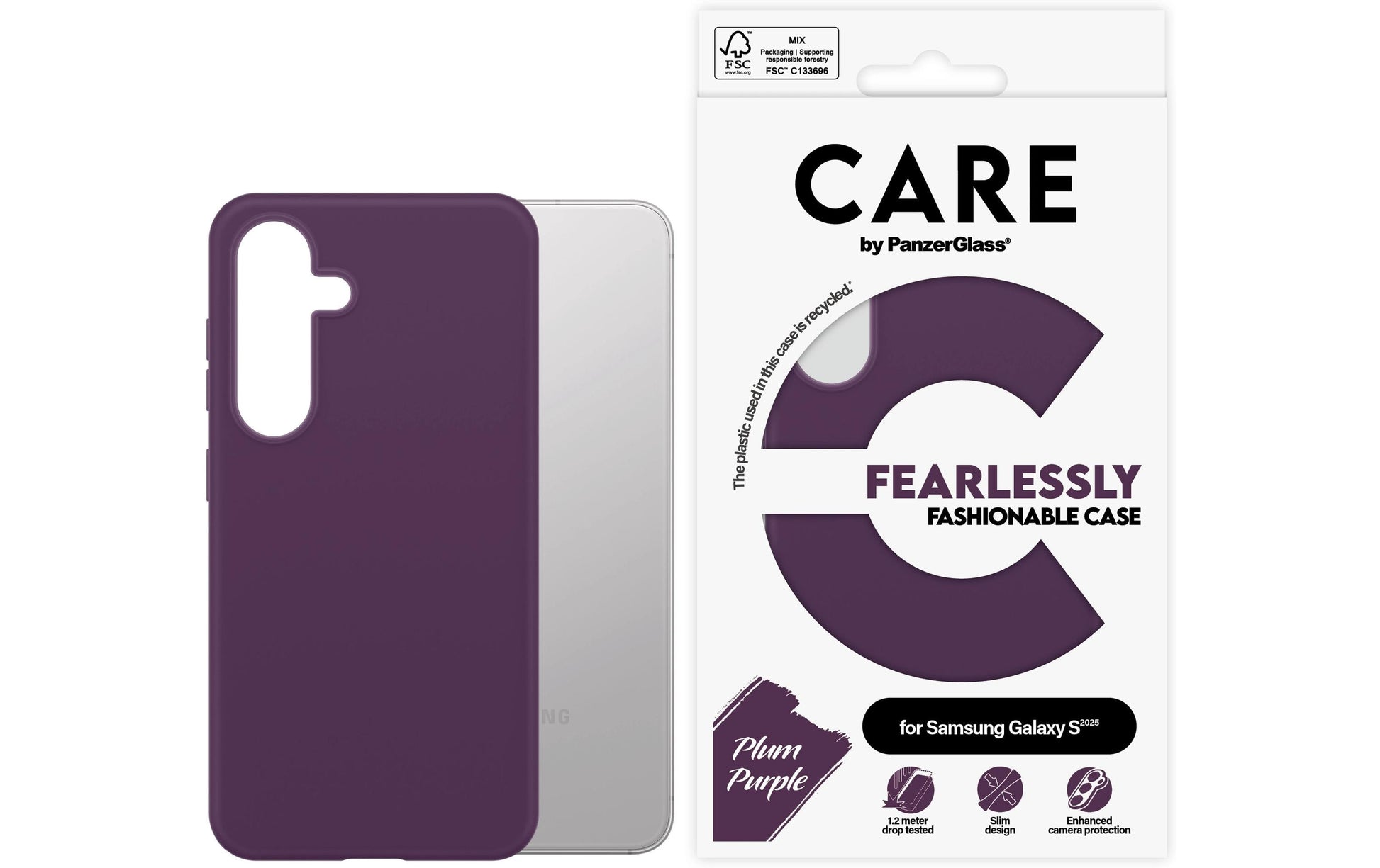 PanzerGlass CARE Backcover – für Samsung Galaxy S25, Recycling-Kunststoff, Pflaumenlila, bis 1,2 m sturzsicher