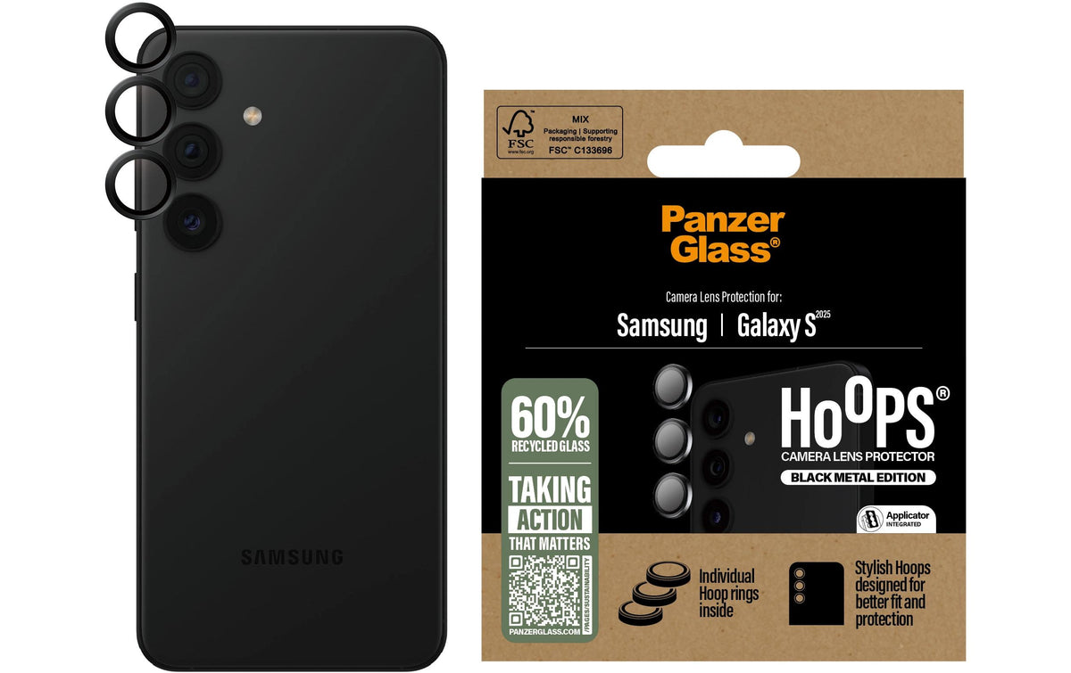 PanzerGlass Hoops – Kameraschutz – Gehärtetes Glas, vollständig klebend – für Samsung Galaxy S25 – Schwarz