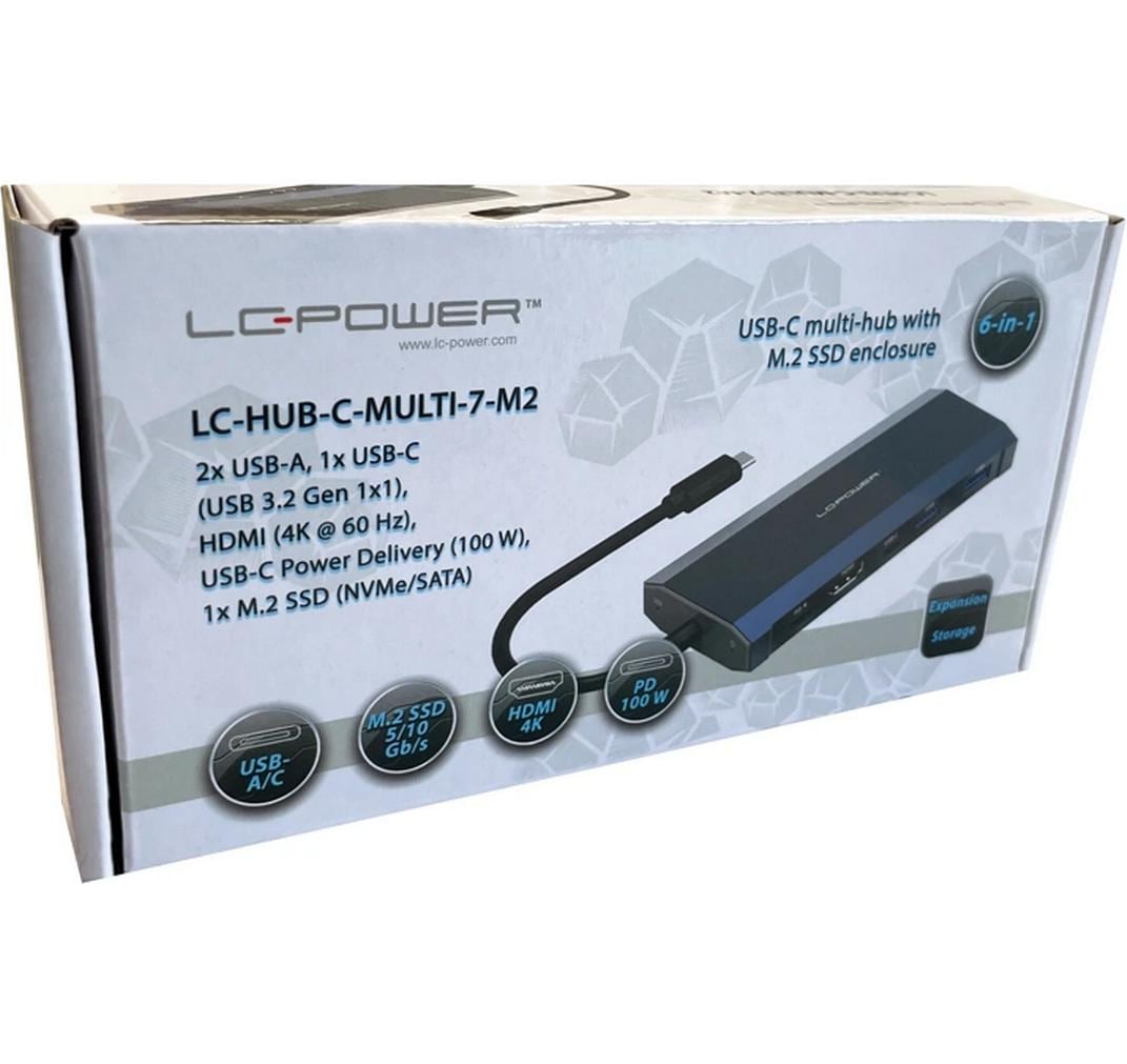 LC-Power LC-C-multi-7 M2 Multiport-Adapter – USB-C, 1× HDMI, 2× USB-A, 1× USB-C, 100 W PD, für Windows/Mac