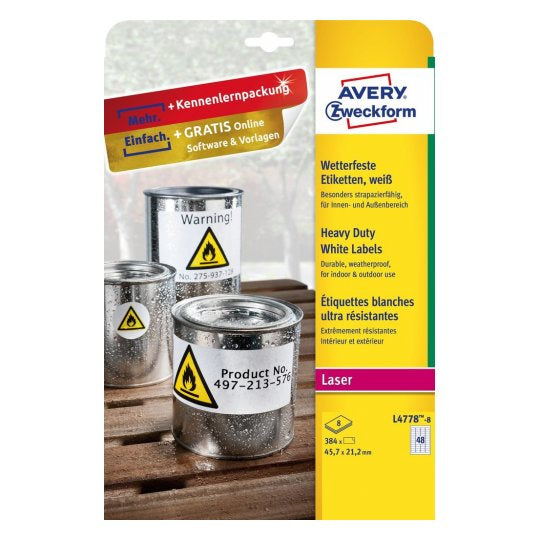 Avery Etiketten, 46 mm × 21 mm, weiss, für Kopierer und Laserdrucker, 384 Etiketten