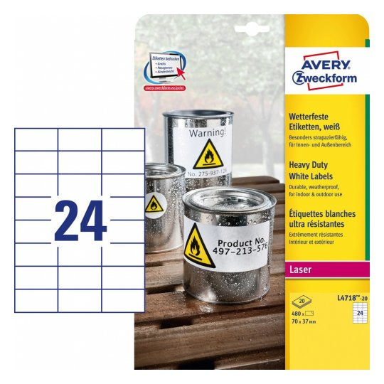 Avery Zweckform – Druckeretiketten, 70 mm × 37 mm, weiss, Folie, extra stark, 480 Etiketten (20 Blatt)