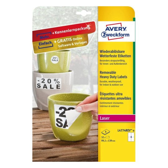 Avery Etiketten, 99,1 mm × 139 mm, weiss, Folie, extra stark, Packung 8 Blätter (32 Etiketten)