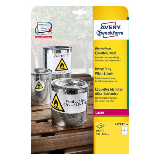 Avery Druckeretiketten, 105 mm × 148 mm, weiss, Folie, extra stark, 20 Blätter (80 Etiketten)