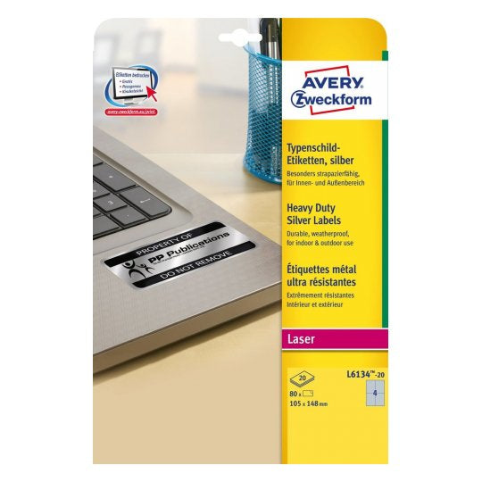 Avery Zweckform – Typenschild-Etiketten L6134-20, 105 mm × 148 mm, silber, 80 Stück (20 Blatt)