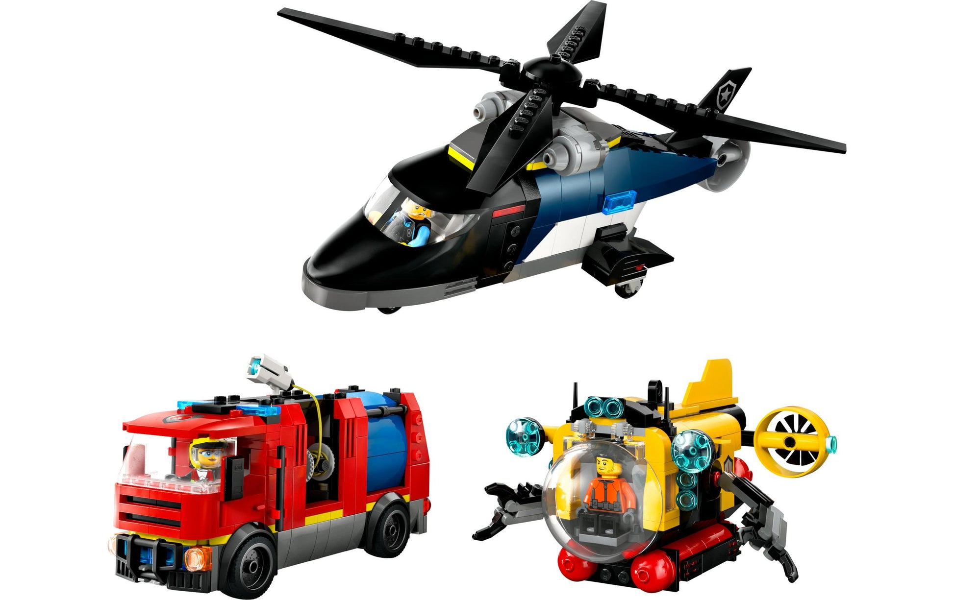 LEGO City Set – Hubschrauber, Löschauto und U-Boot – 874-teilig – 26,2×9,4×38,2 cm – ab 7 J.
