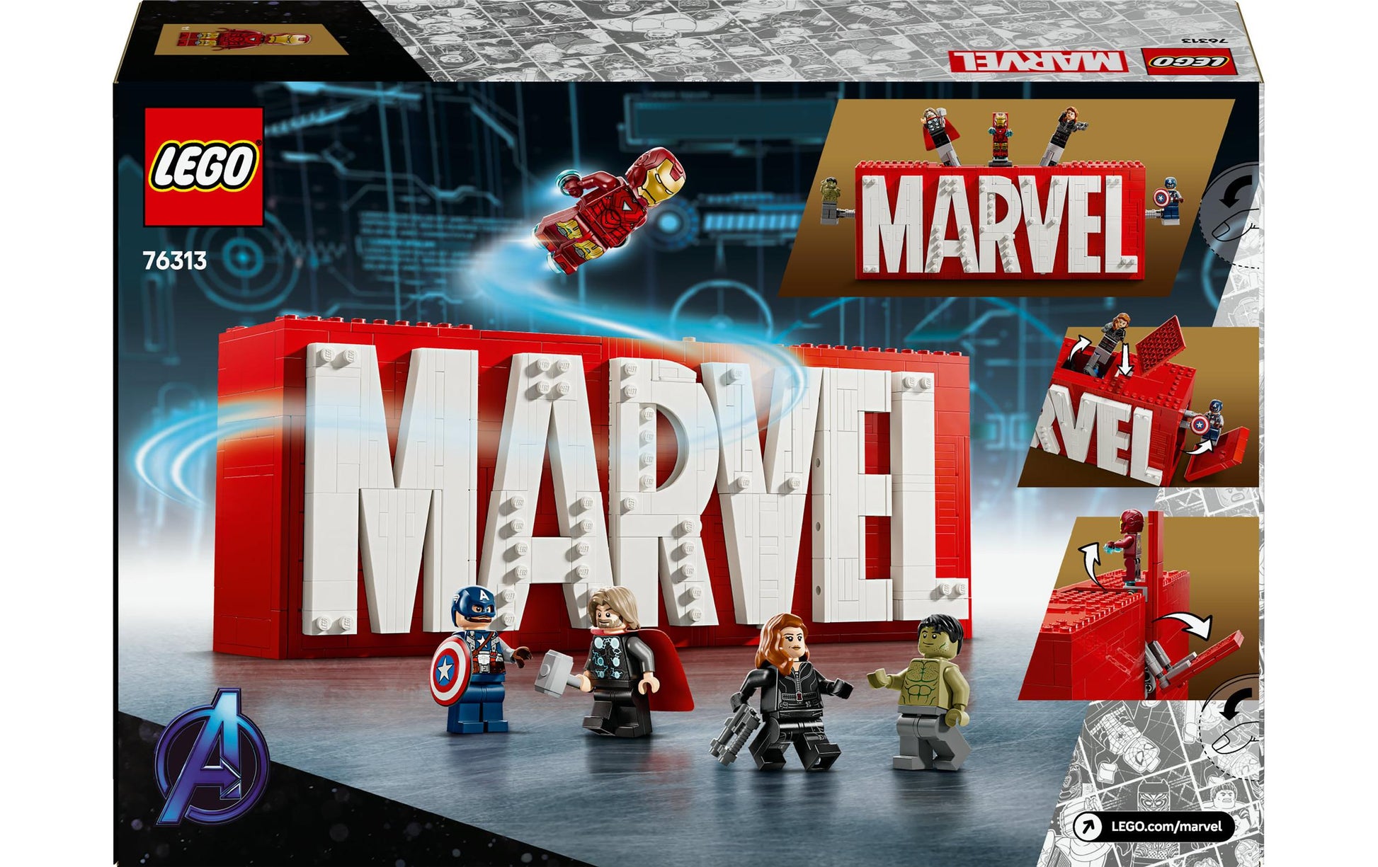 LEGO Set Logo & Minifiguren – Marvel – 931-teilig – 26,2 × 9,4 × 38,2 cm – ab 12 J.