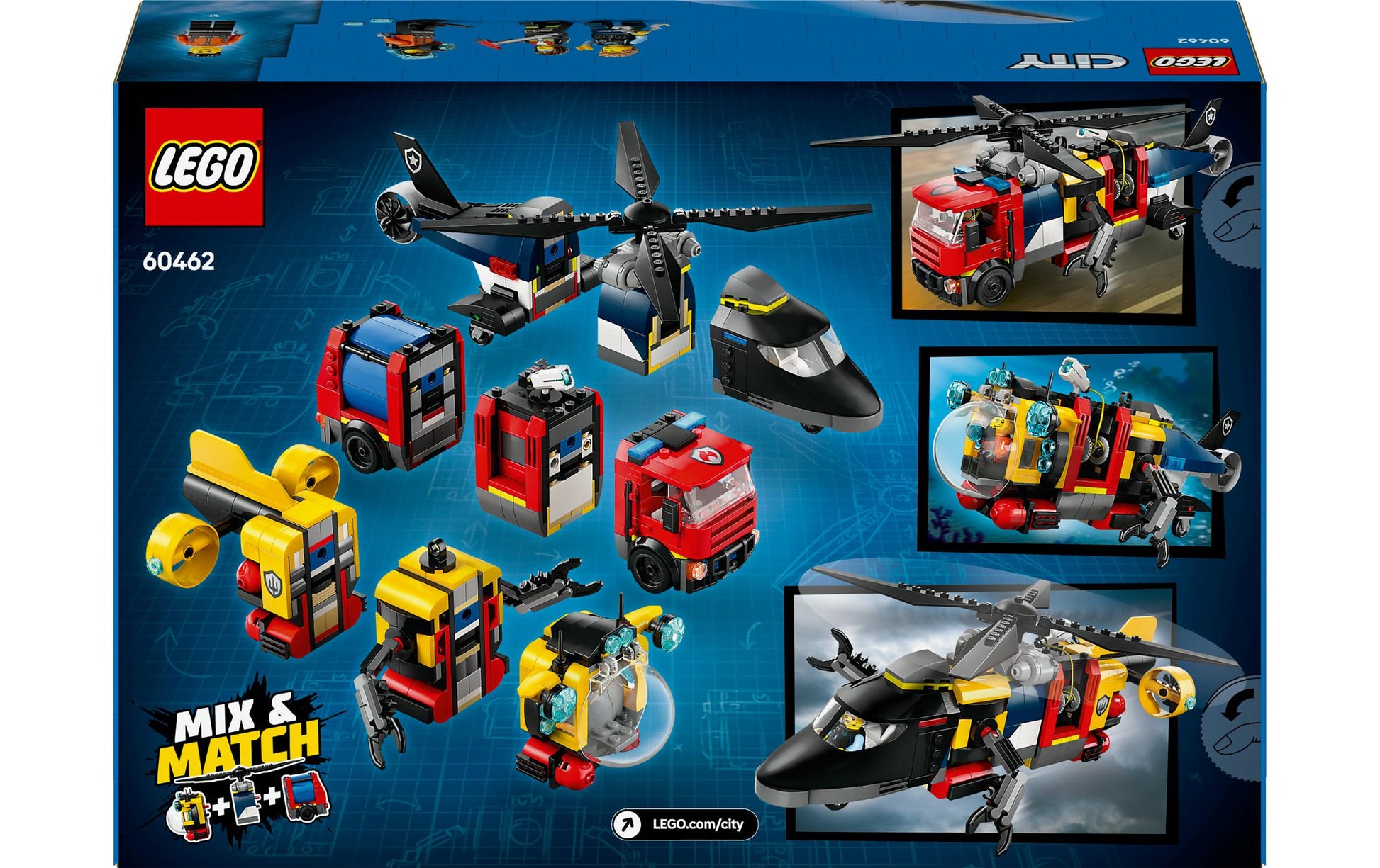 LEGO City Set – Hubschrauber, Löschauto und U-Boot – 874-teilig – 26,2×9,4×38,2 cm – ab 7 J.