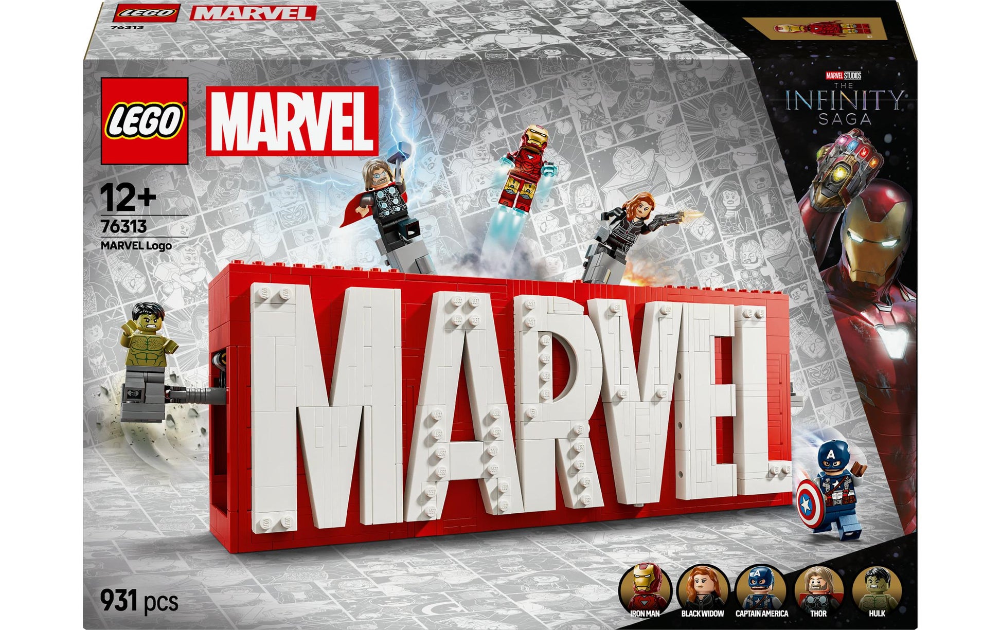 LEGO Set Logo & Minifiguren – Marvel – 931-teilig – 26,2 × 9,4 × 38,2 cm – ab 12 J.