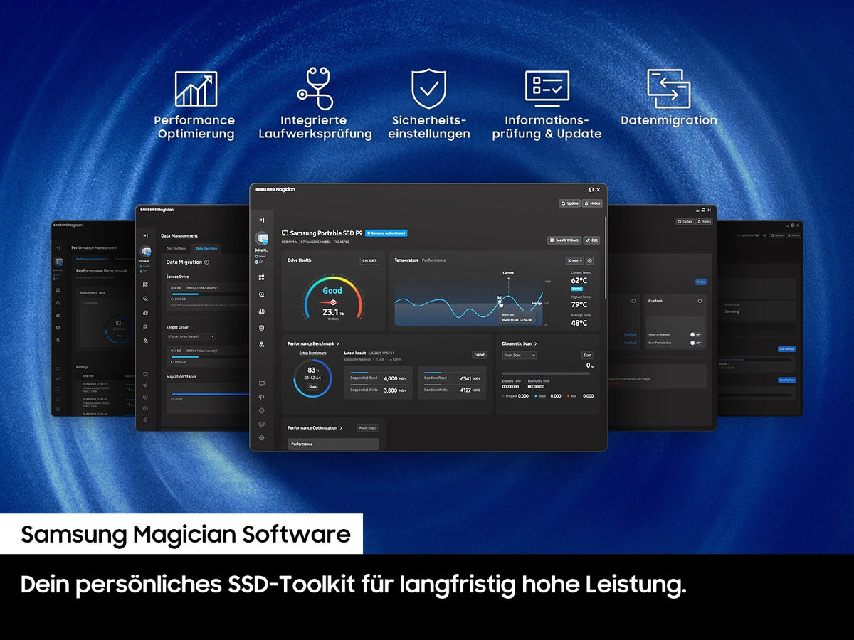 Samsung P9 2 TB Portable SSD – USB4 Gen 3x2, USB Typ-C, 4 000 MB/s lesen, 3 800 MB/s schreiben, Schwarz